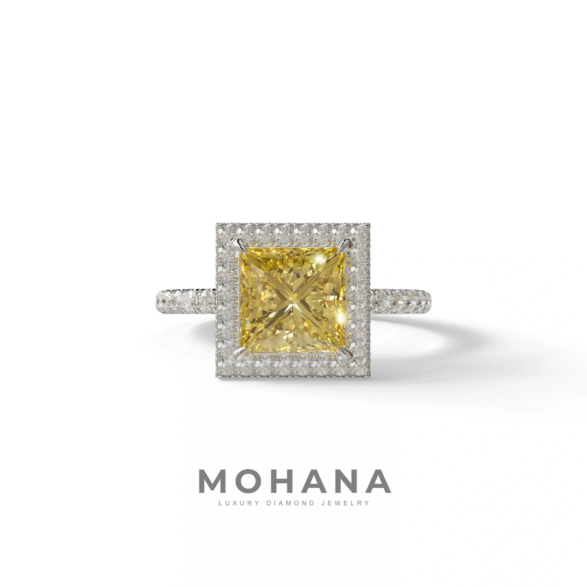 2 Carat Yellow Princess Cut Halo & Pave Lab Diamond Ring - Diamond Prime - 10K Solid Gold / White Gold