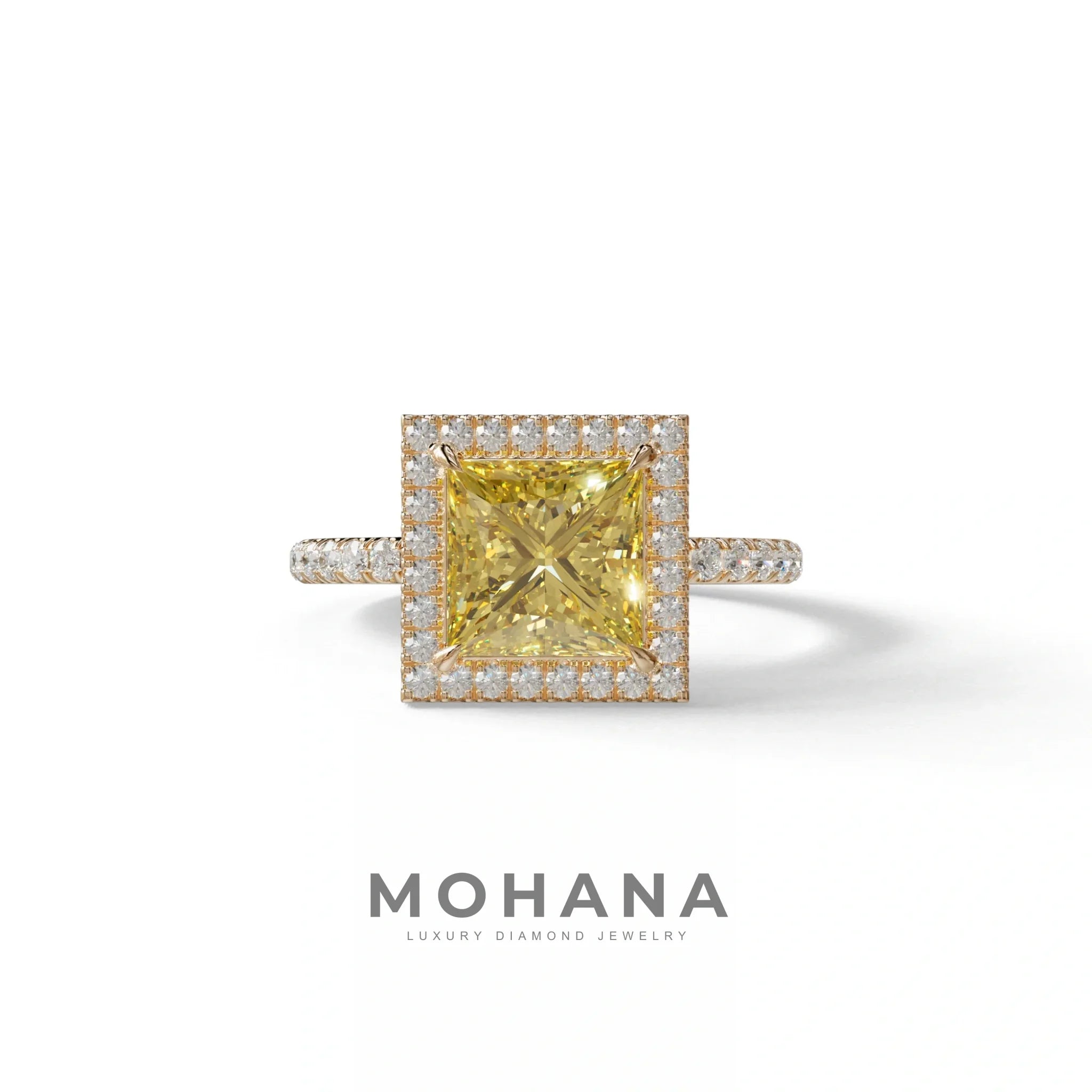 2 Carat Yellow Princess Cut Halo & Pave Lab Diamond Ring - Diamond Prime - 10K Solid Gold / Rose Gold