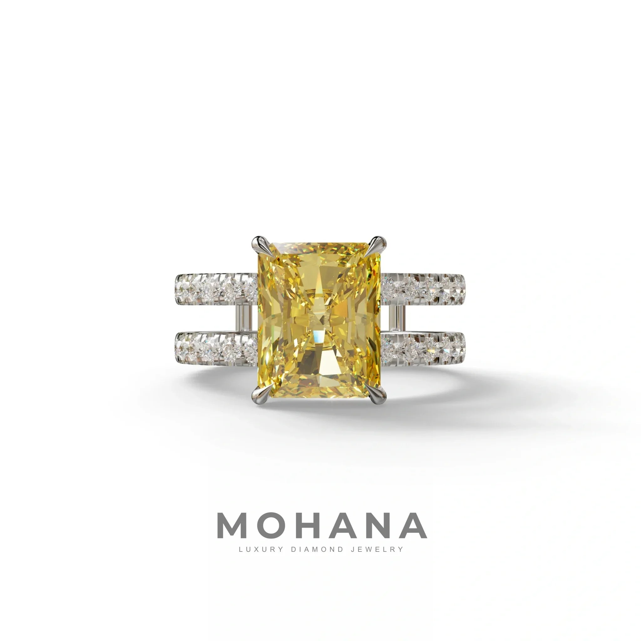 Fancy Yellow Radiant Cut Lab Diamond Engagement Ring | Double Band Hidden Halo - Billie - 10K Solid Gold / White Gold