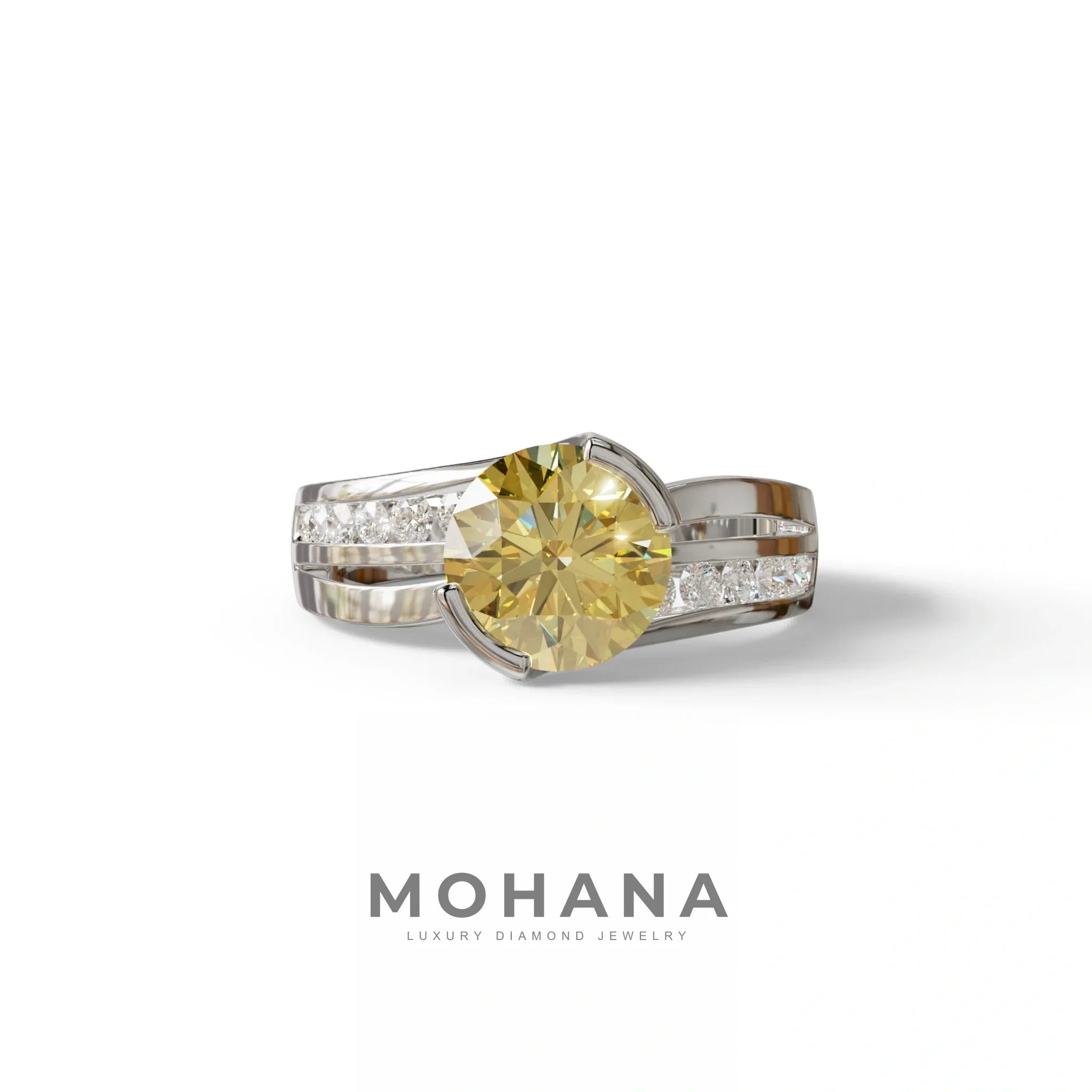 2 Carat Yellow Round Shaped Channel Set Lab Diamond Engagement Ring - Avonlea - 10K Solid Gold / White Gold