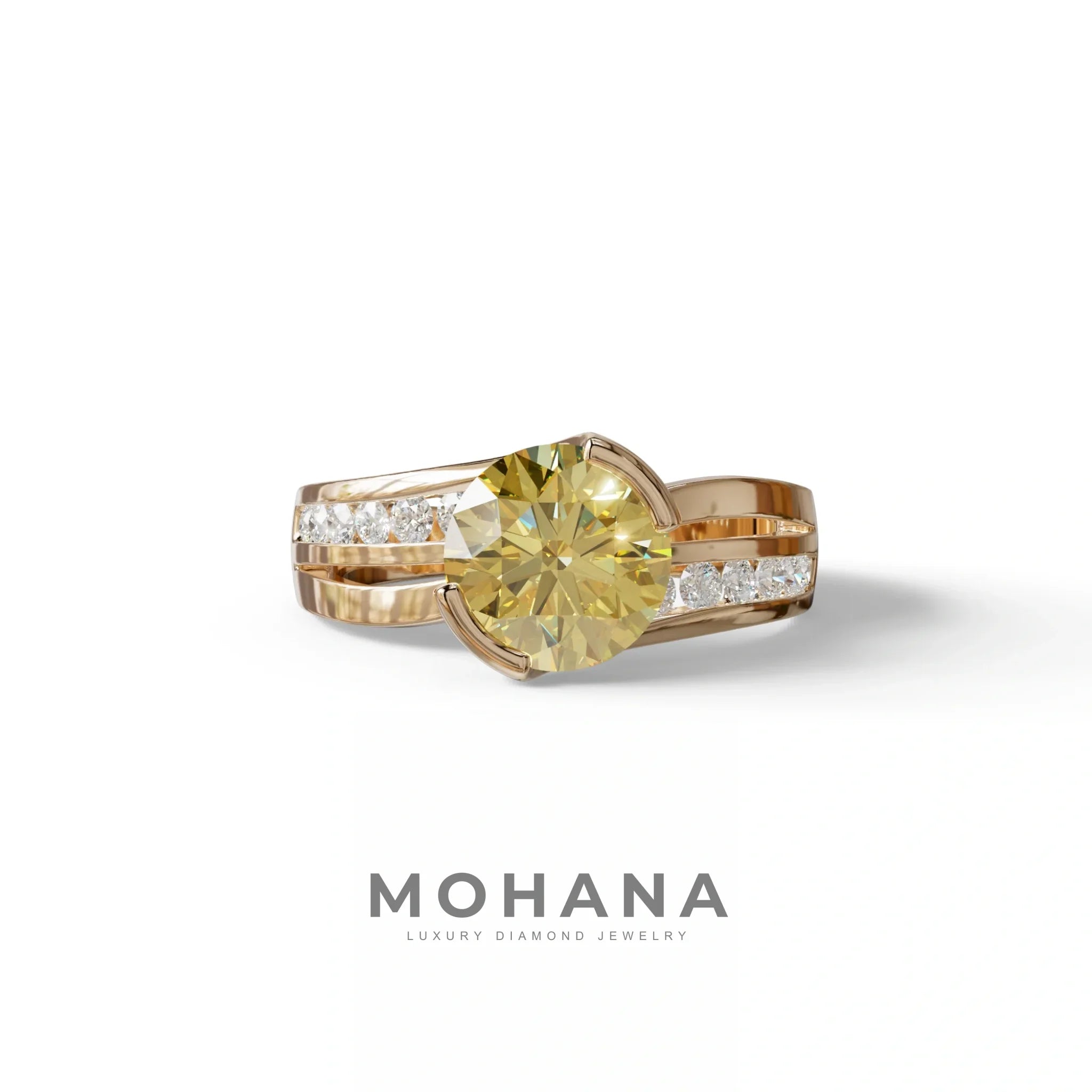 2 Carat Yellow Round Shaped Channel Set Lab Diamond Engagement Ring - Avonlea - 10K Solid Gold / Rose Gold