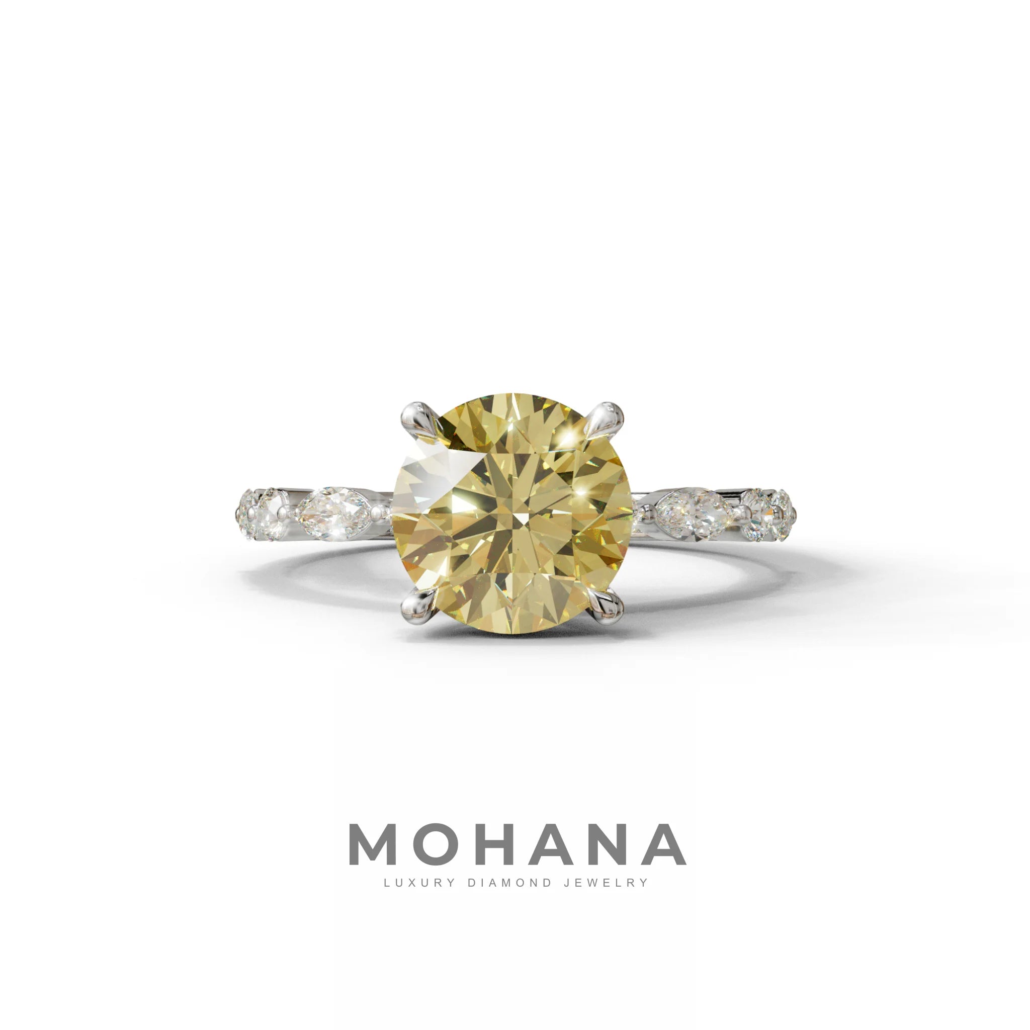 2 Carat Yellow Round Cut Hidden Halo & Pave Set Lab Diamond Ring - Pure Origin - 10K Solid Gold / White Gold