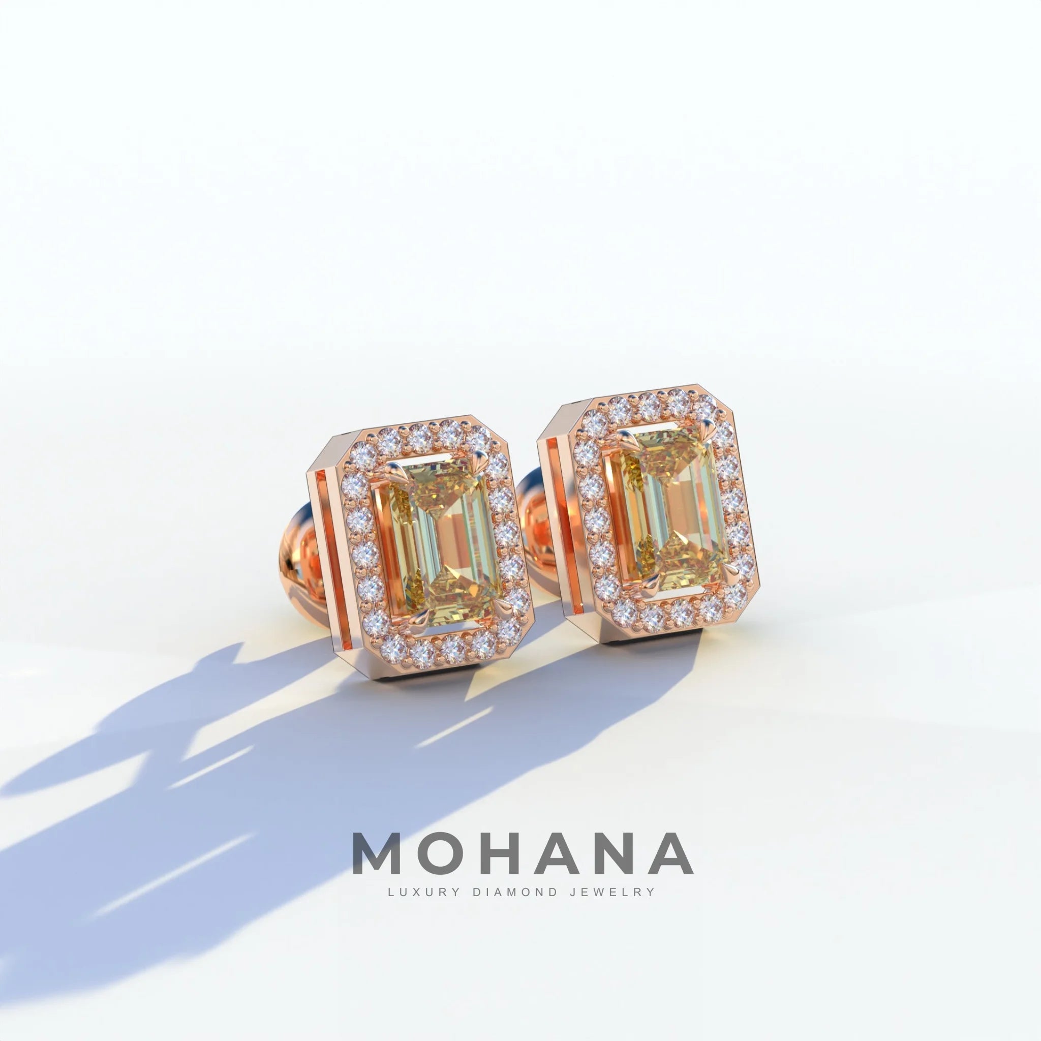 2 Carat Yellow Emerald Cut Halo Setting Lab Diamond Stud Earrings - Hailey