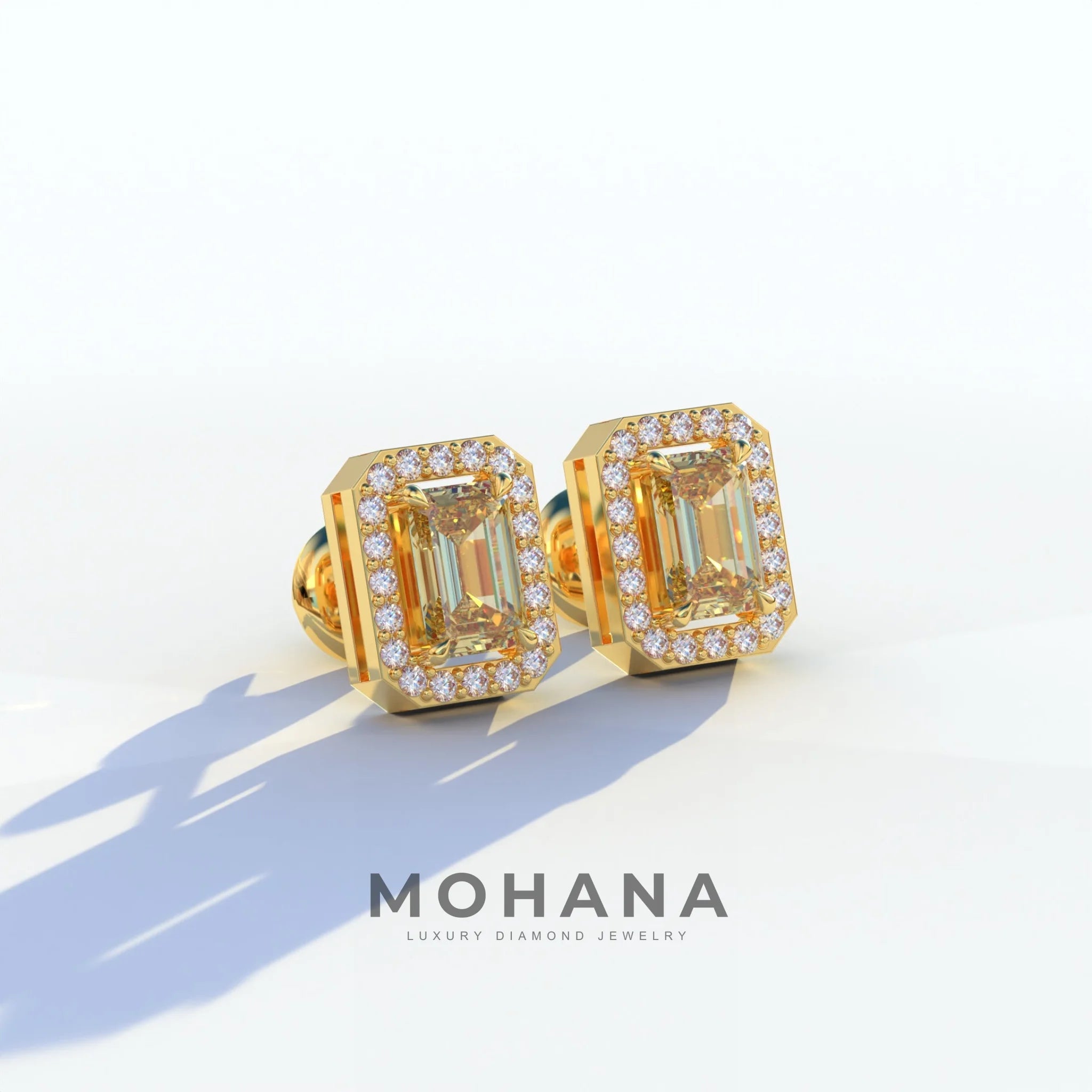 2 Carat Yellow Emerald Cut Halo Setting Lab Diamond Stud Earrings - Hailey