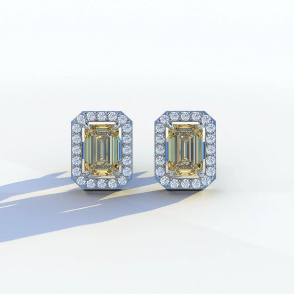 2 Carat Yellow Lab Grown Diamond Stud Earrings – Emerald Cut Halo | Hailey