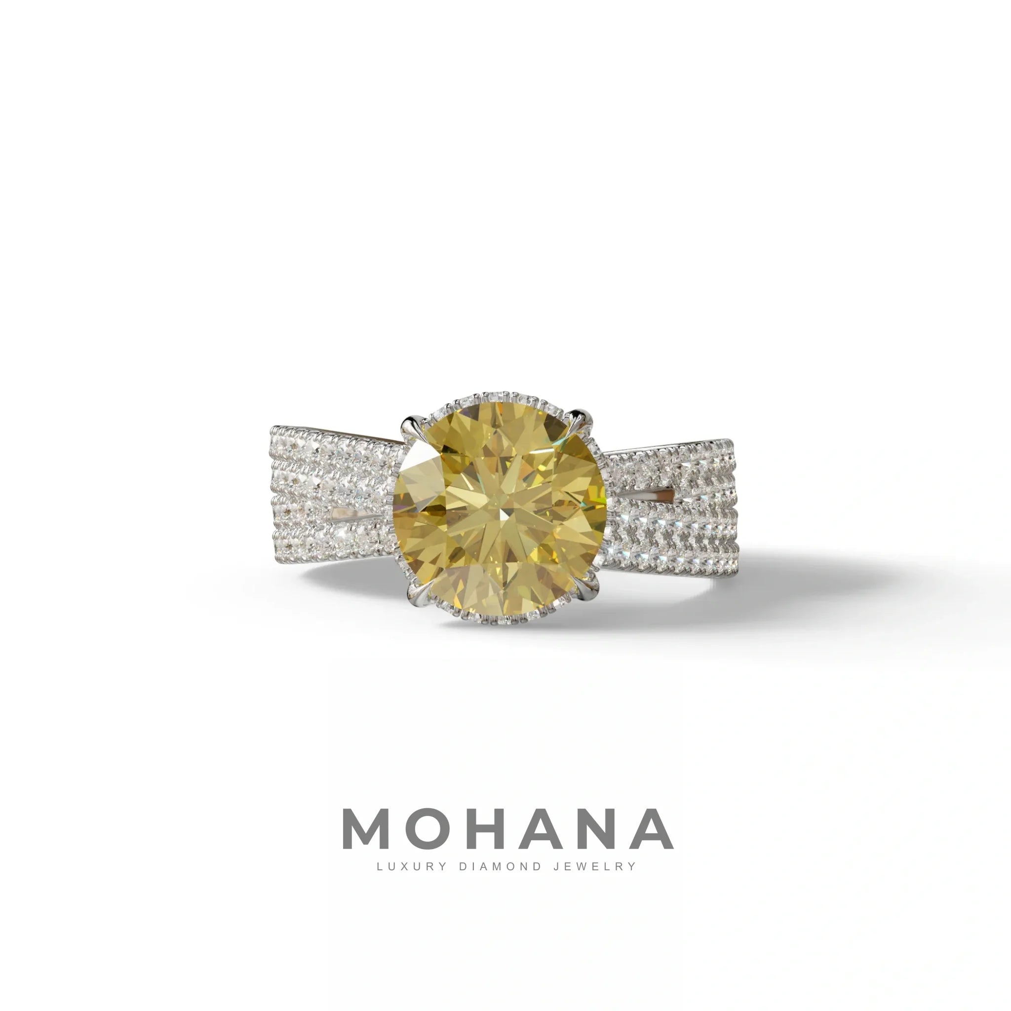 2 Carat Yellow Round Cut Hidden Halo Lab & Pave Lab Diamond Ring - Je t’aime - 10K Solid Gold / White Gold