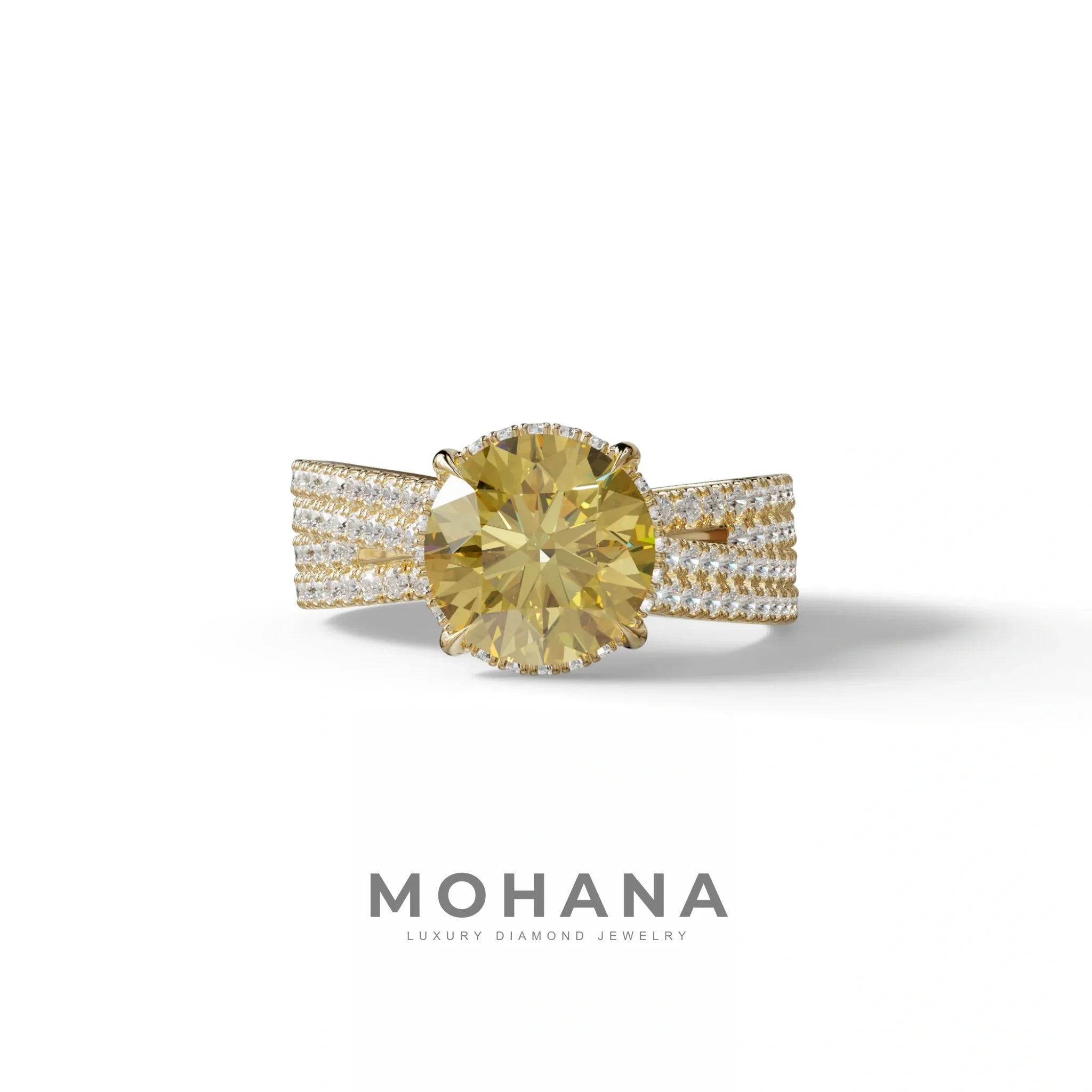 2 Carat Yellow Round Cut Hidden Halo Lab & Pave Lab Diamond Ring - Je t’aime - 10K Solid Gold / Yellow Gold
