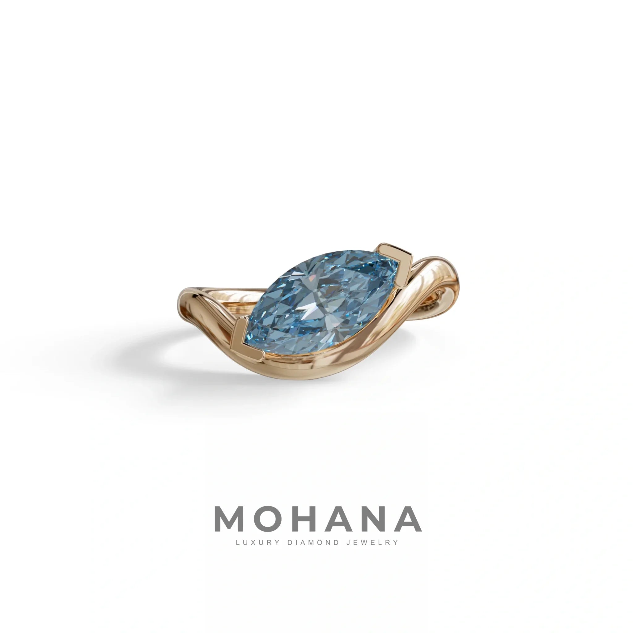 2 Ct Fancy Vivid Blue Marquise Cut Lab Diamond In Solitaire Setting Ring - Jiani - 10K Solid Gold / Rose Gold