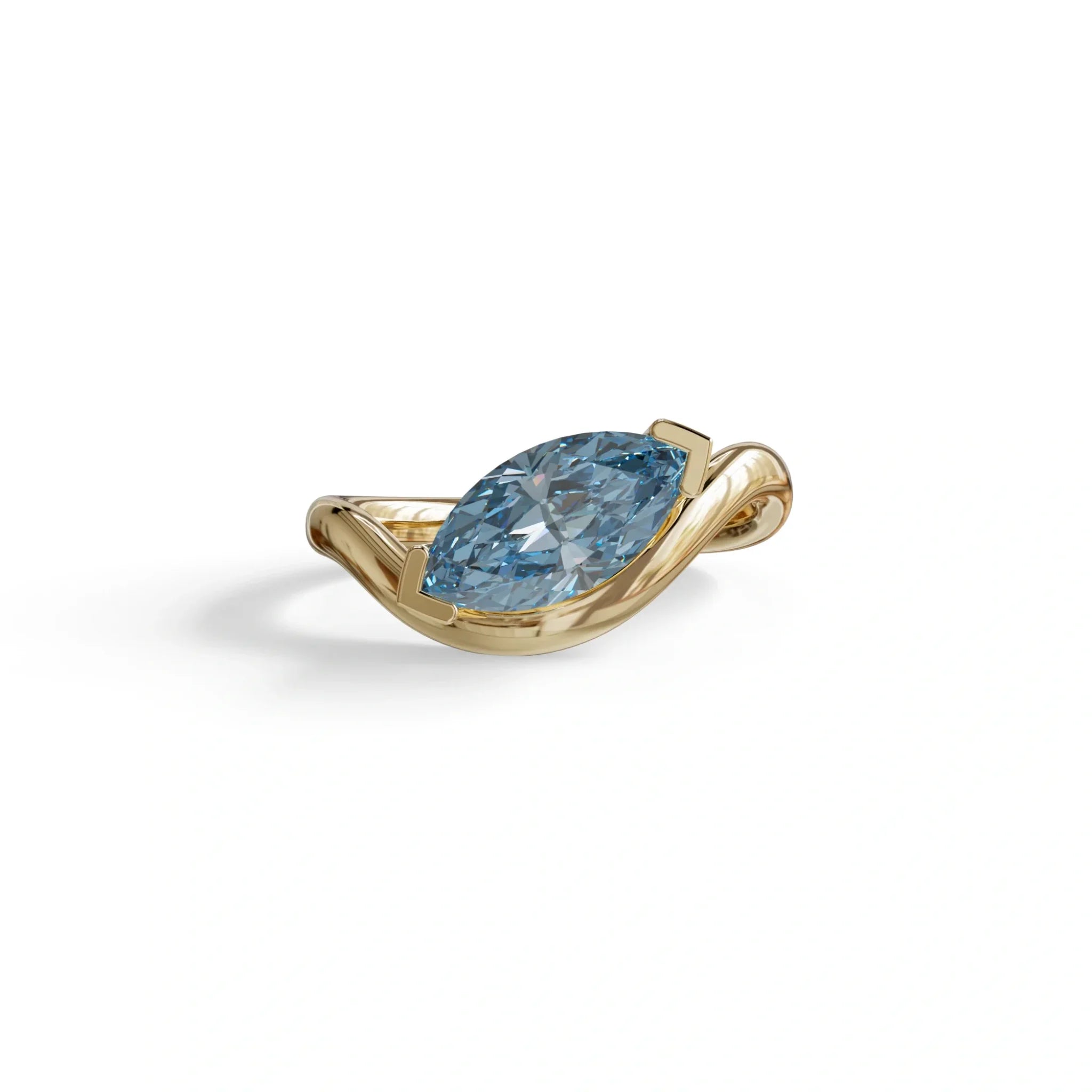2 Ct Fancy Vivid Blue Marquise Cut Lab Diamond In Solitaire Setting Ring - Jiani - 10K Solid Gold / Yellow Gold