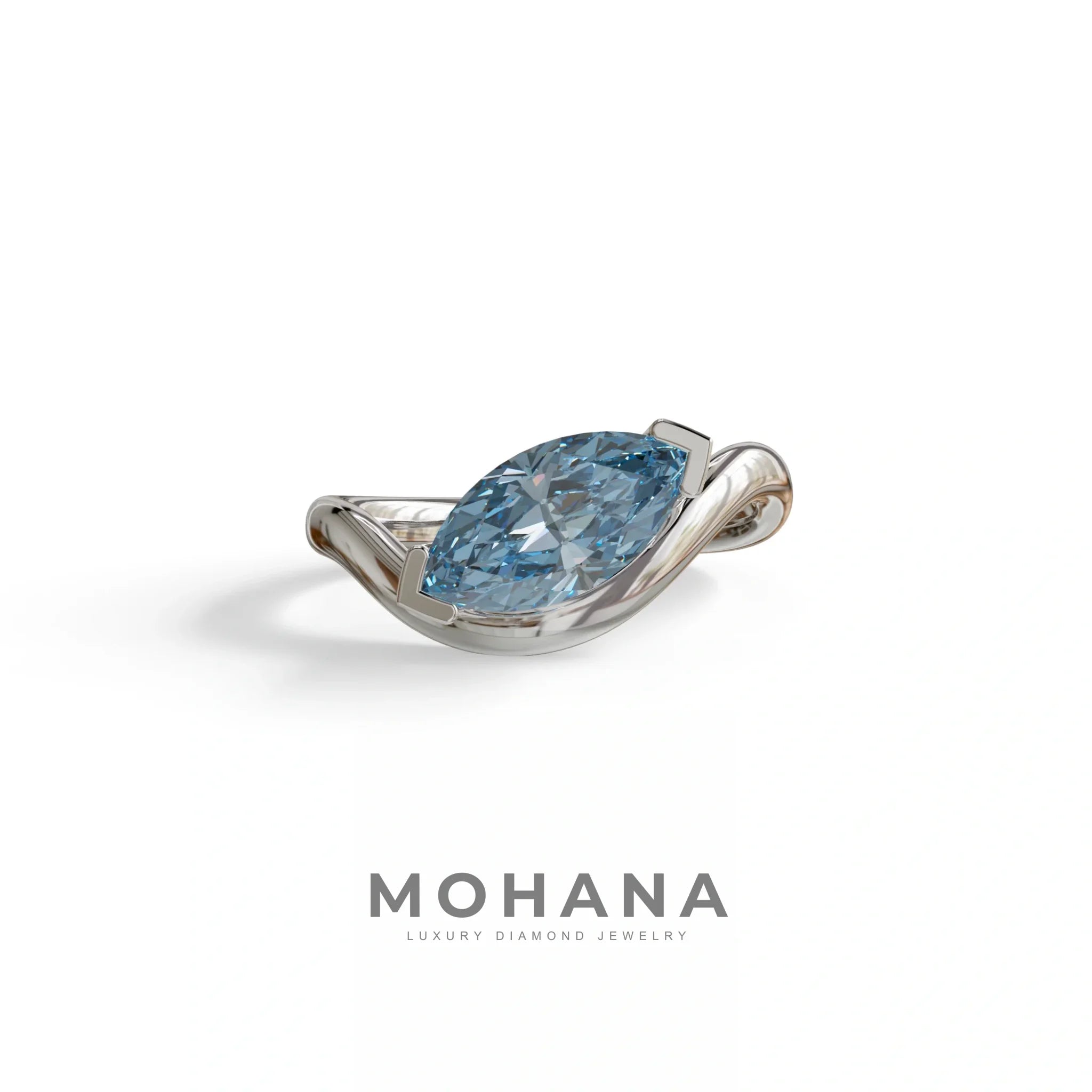 2 Ct Fancy Vivid Blue Marquise Cut Lab Diamond In Solitaire Setting Ring - Jiani - 10K Solid Gold / White Gold