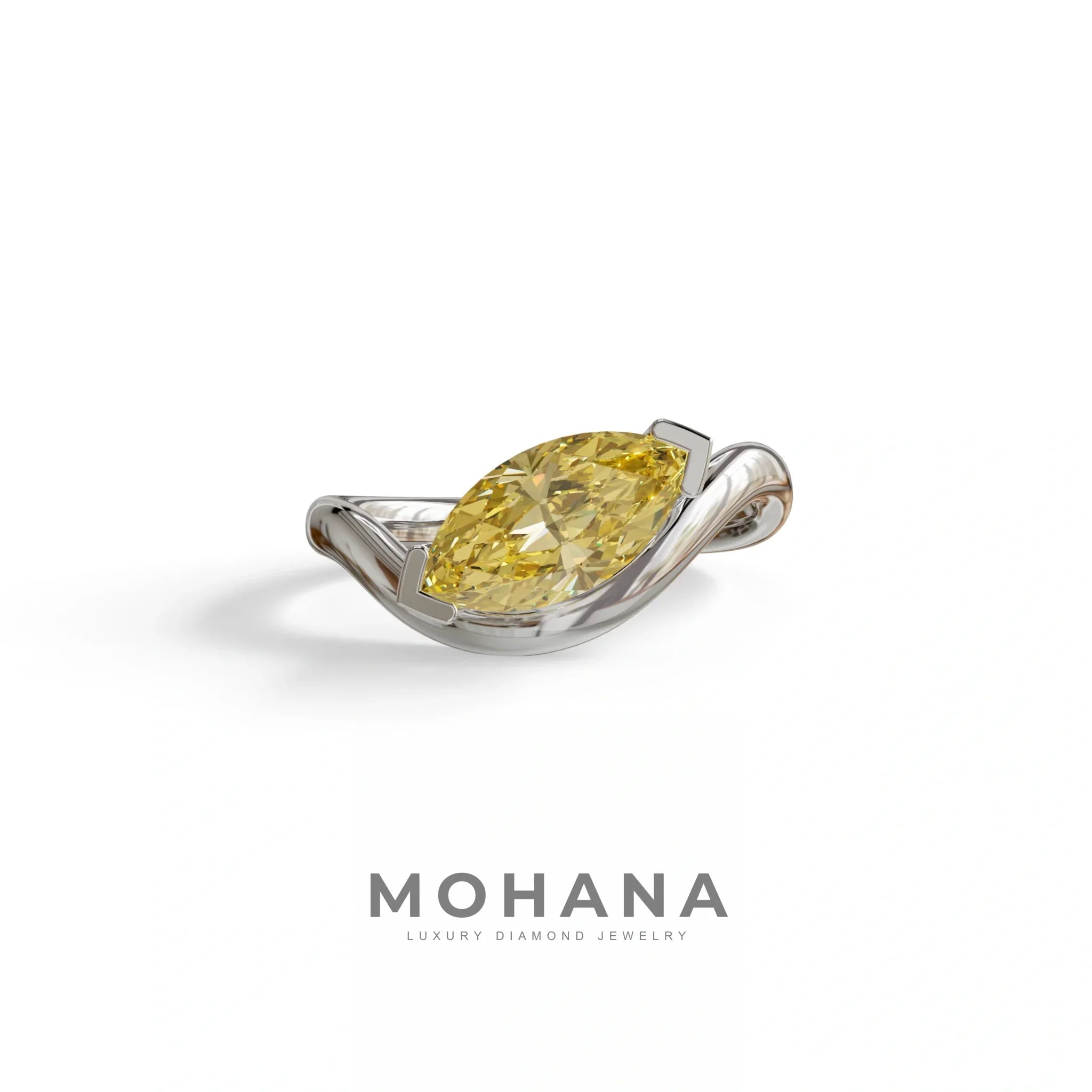2 Ct Fancy Vivid Yellow Marquise Cut Lab Diamond In Solitaire Setting Ring - Jiani - 10K Solid Gold / White Gold
