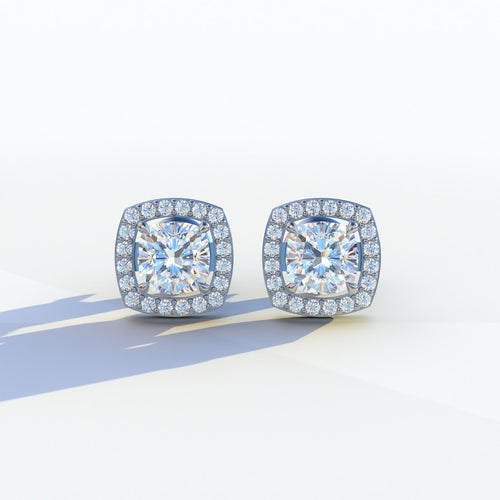 Kiara - Cushion Cut Lab Diamond Stud Earrings | Halo Earring Setting - 10K Solid Gold / White Gold