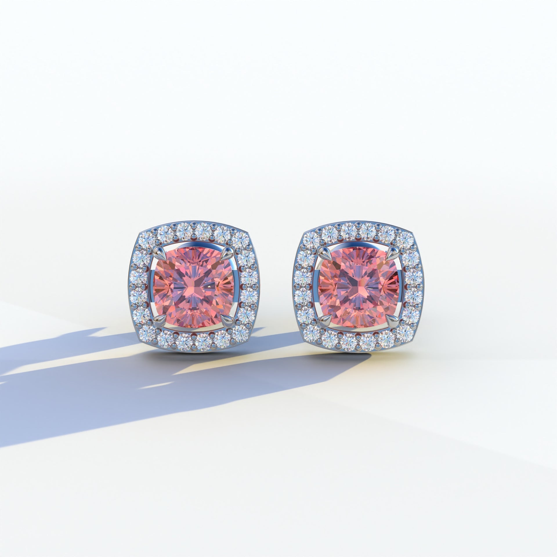 Kiara - Cushion Cut Pink Diamond Stud Earrings | Halo Earring Setting - 10K Solid Gold / White Gold
