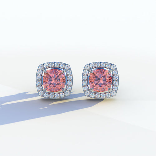 Kiara - Cushion Cut Pink Diamond Stud Earrings | Halo Earring Setting - 10K Solid Gold / White Gold