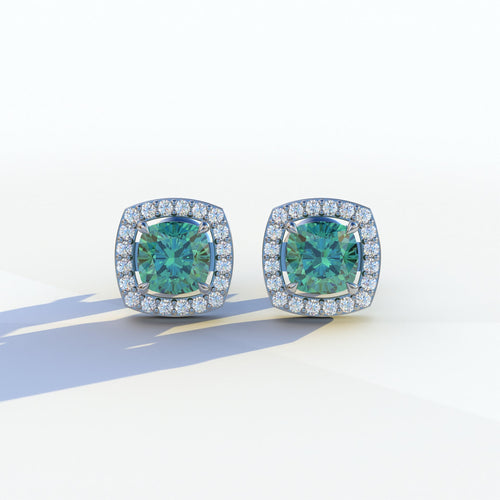 Kiara - Cushion Cut Green Diamond Stud Earrings | Halo Earring Setting - 10K Solid Gold / White Gold