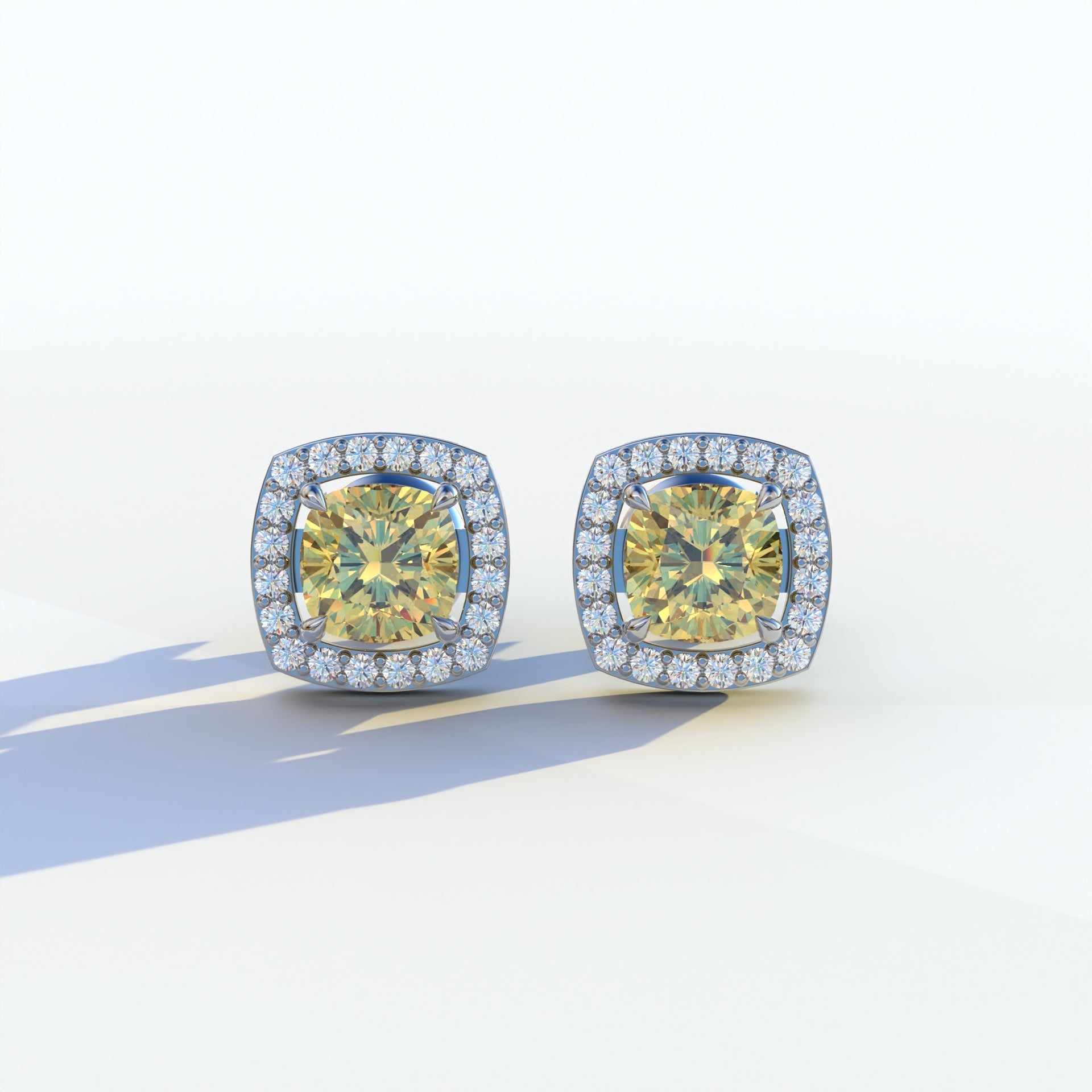 Kiara - Cushion Cut Yellow Diamond Stud Earrings | Halo Earring Setting - 10K Solid Gold / White Gold