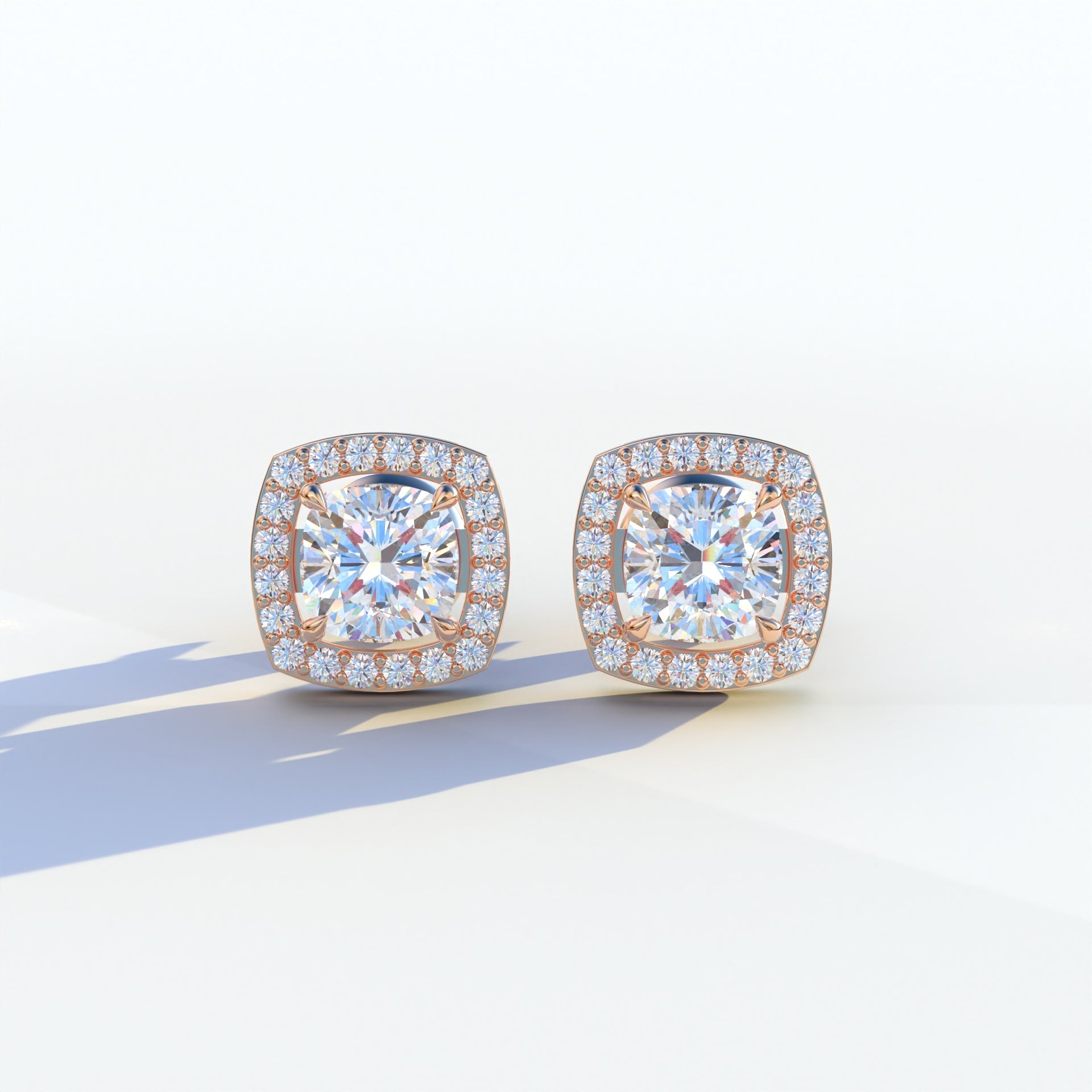 Kiara - Cushion Cut Lab Diamond Stud Earrings | Halo Earring Setting - 10K Solid Gold / Rose Gold