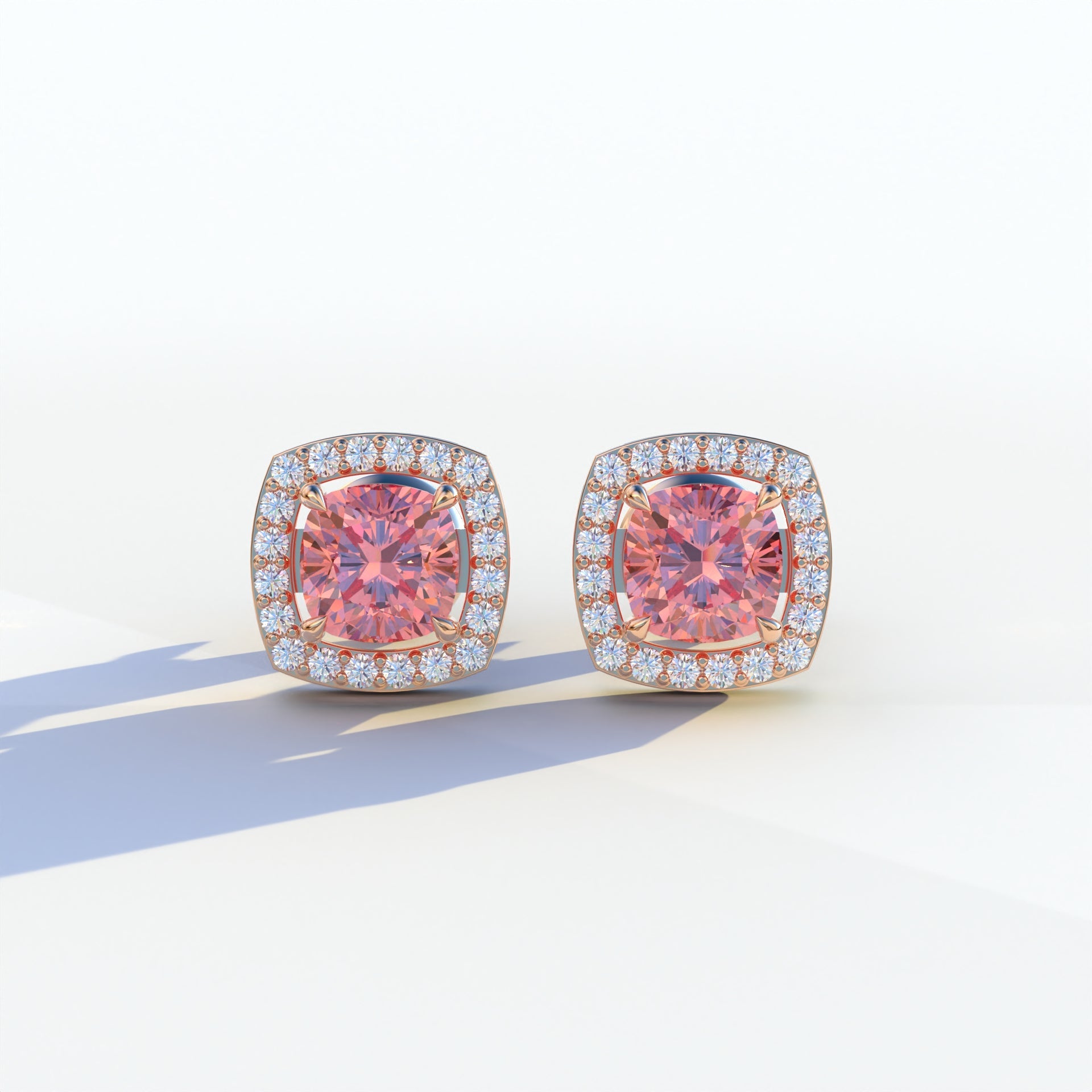 Kiara - Cushion Cut Pink Diamond Stud Earrings | Halo Earring Setting - 10K Solid Gold / Rose Gold