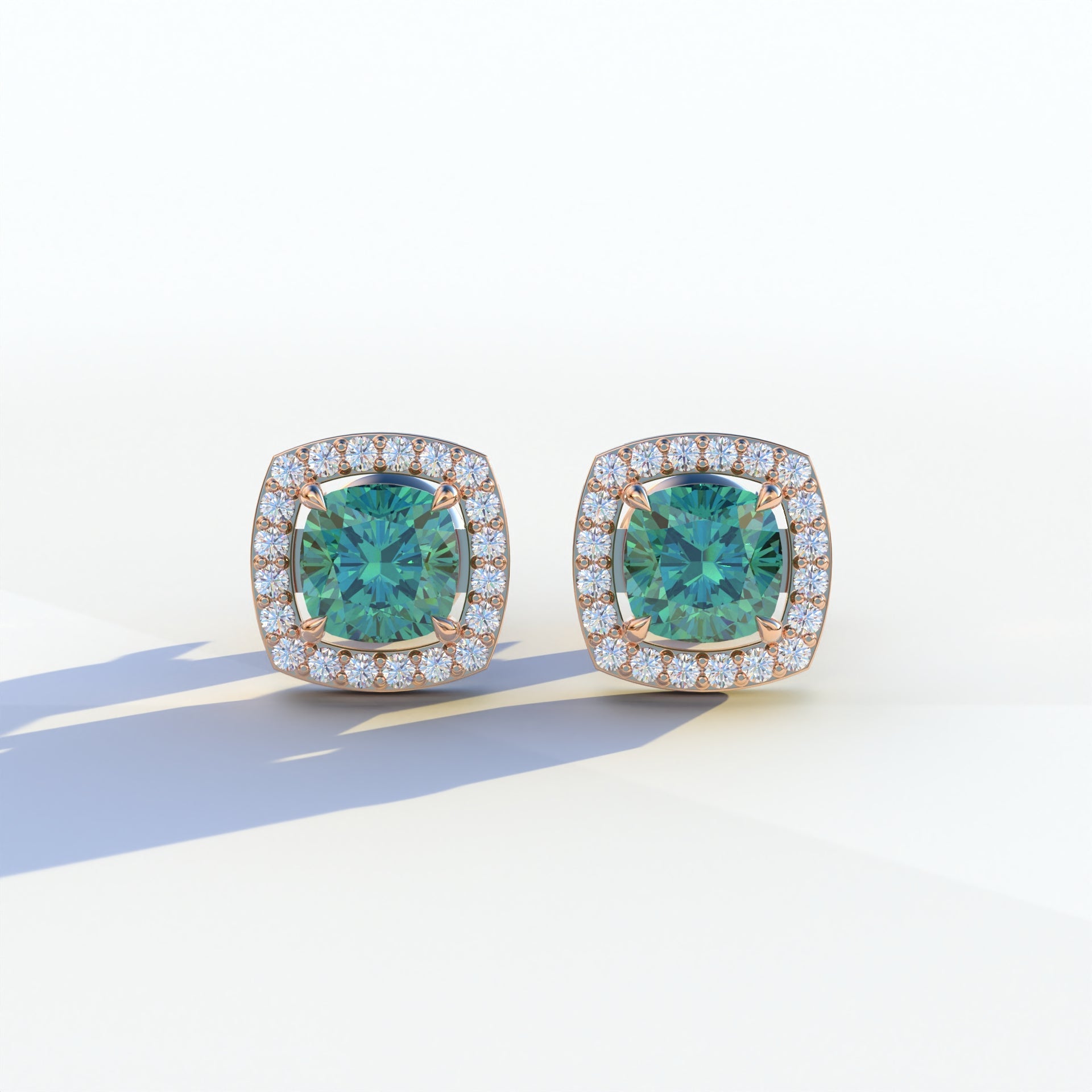 Kiara - Cushion Cut Green Diamond Stud Earrings | Halo Earring Setting - 10K Solid Gold / Rose Gold