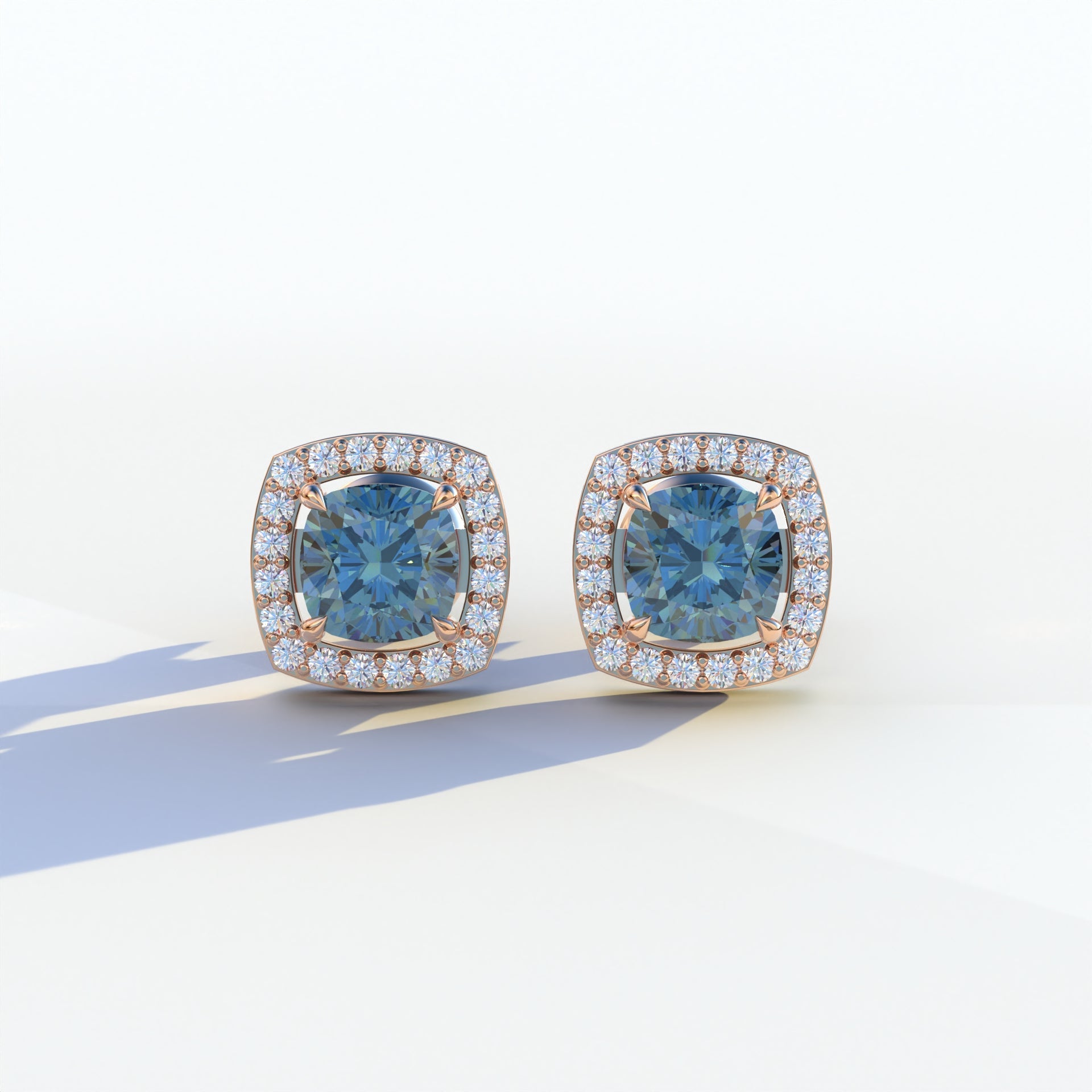Kiara - Cushion Cut Blue Diamond Stud Earrings | Halo Earring Setting - 10K Solid Gold / Rose Gold