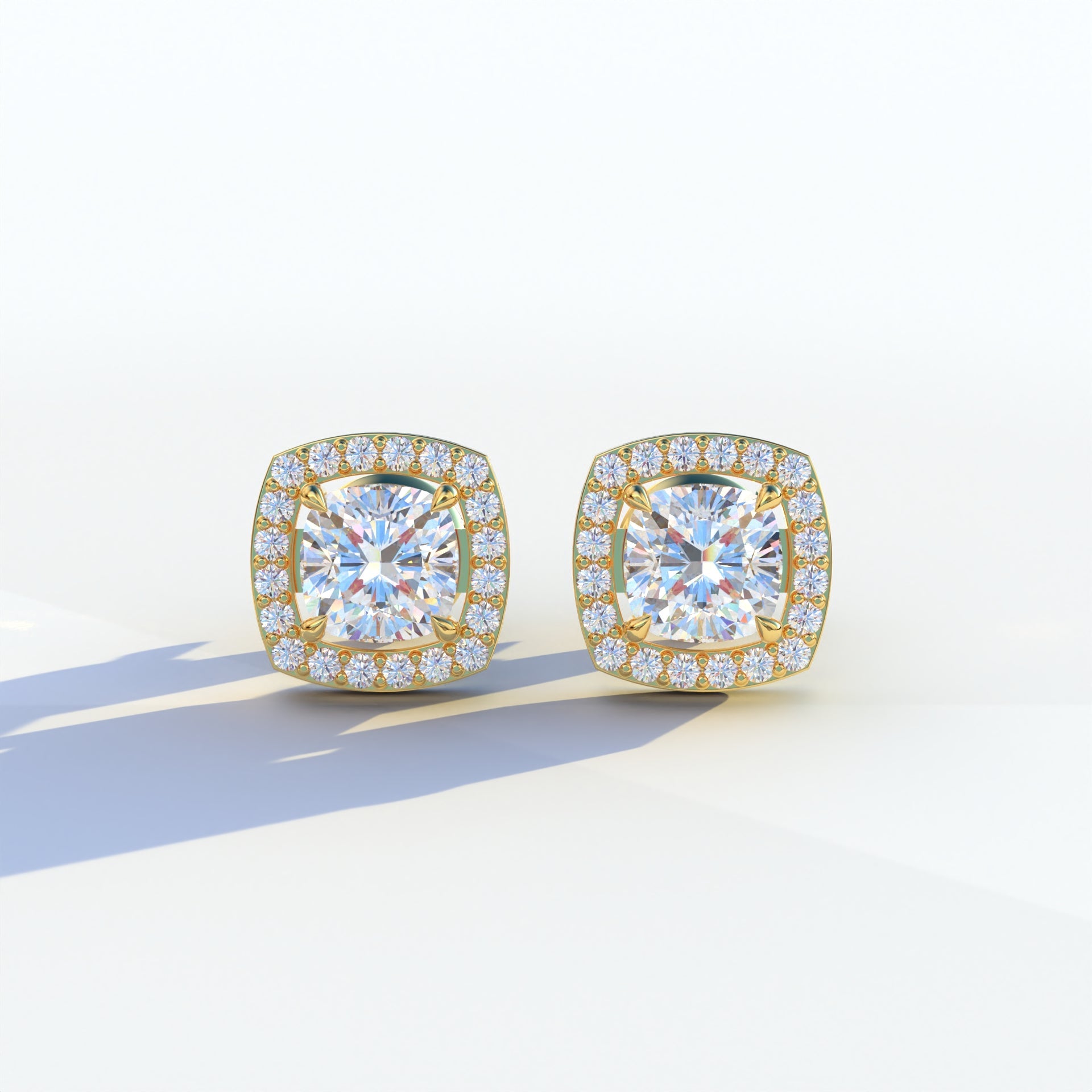 Kiara - Cushion Cut Lab Diamond Stud Earrings | Halo Earring Setting - 10K Solid Gold / Yellow Gold