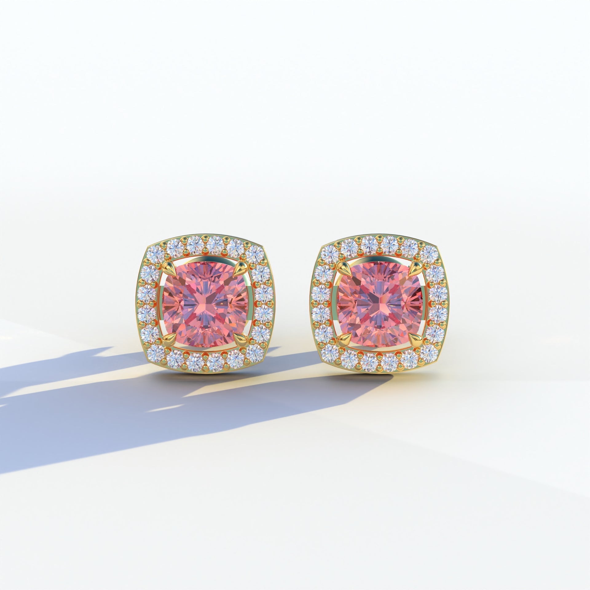 Kiara - Cushion Cut Pink Diamond Stud Earrings | Halo Earring Setting - 10K Solid Gold / Yellow Gold