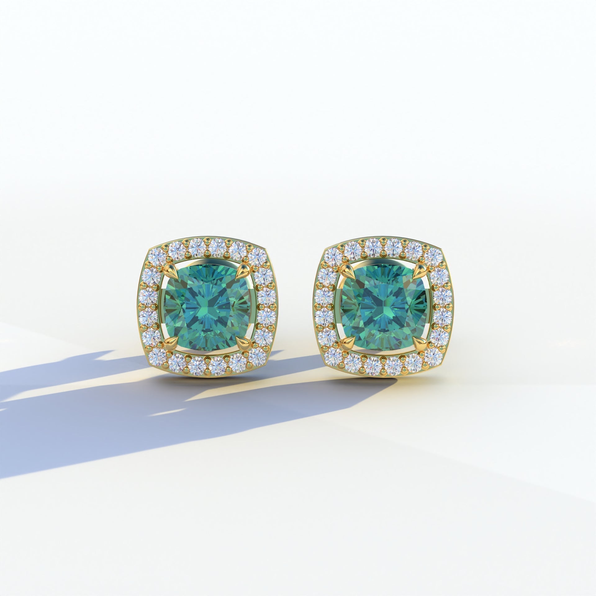 Kiara - Cushion Cut Green Diamond Stud Earrings | Halo Earring Setting - 10K Solid Gold / Yellow Gold