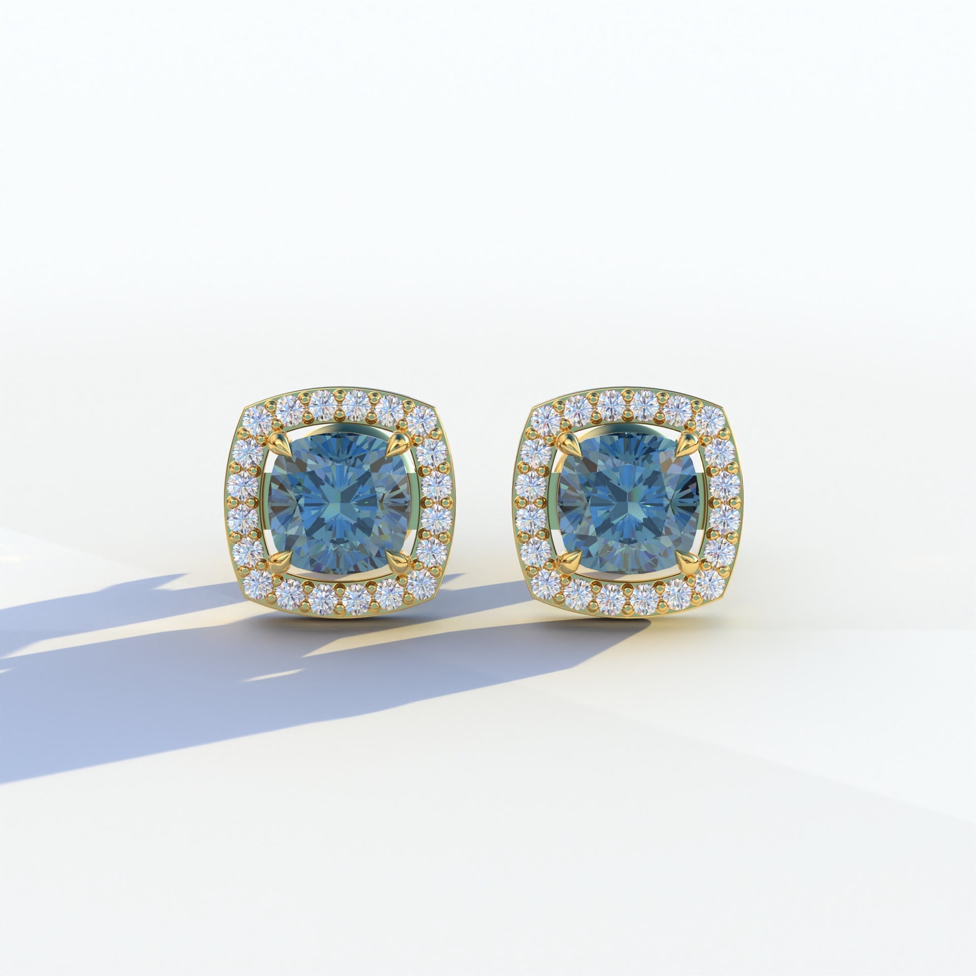 Kiara - Cushion Cut Blue Diamond Stud Earrings | Halo Earring Setting - 10K Solid Gold / Yellow Gold