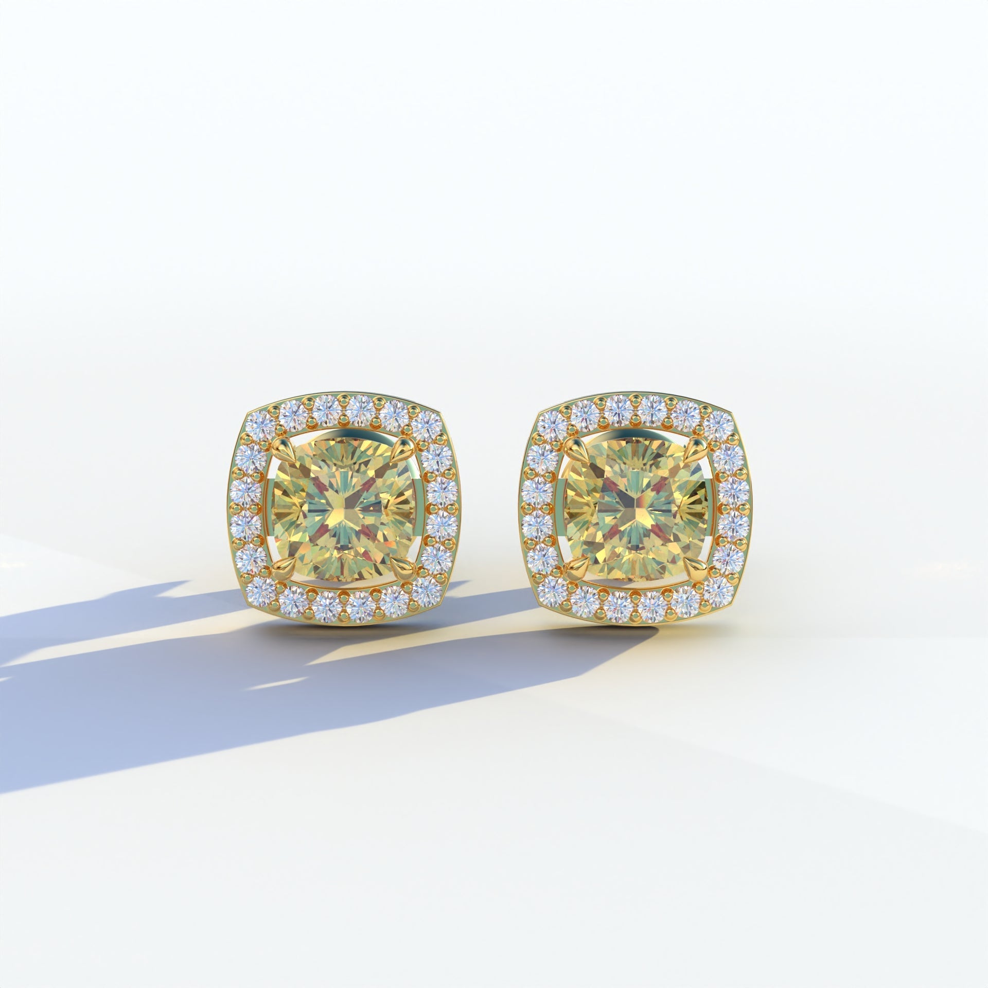 Kiara - Cushion Cut Yellow Diamond Stud Earrings | Halo Earring Setting - 10K Solid Gold / Yellow Gold