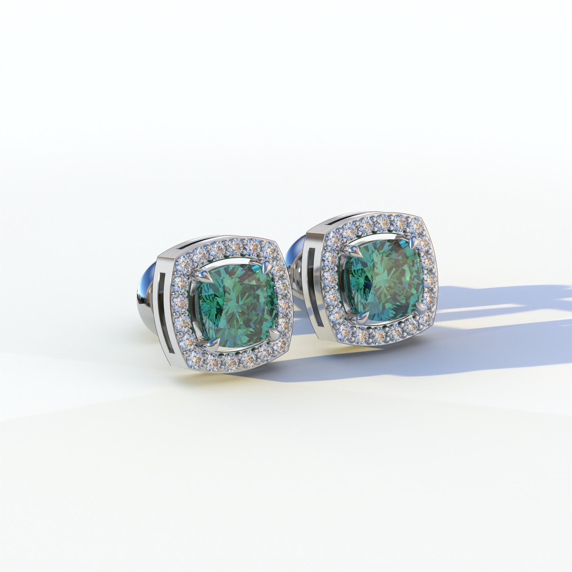 Kiara - Cushion Cut Green Diamond Stud Earrings | Halo Earring Setting