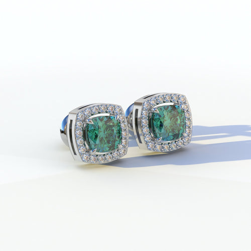 Kiara - Cushion Cut Green Diamond Stud Earrings | Halo Earring Setting