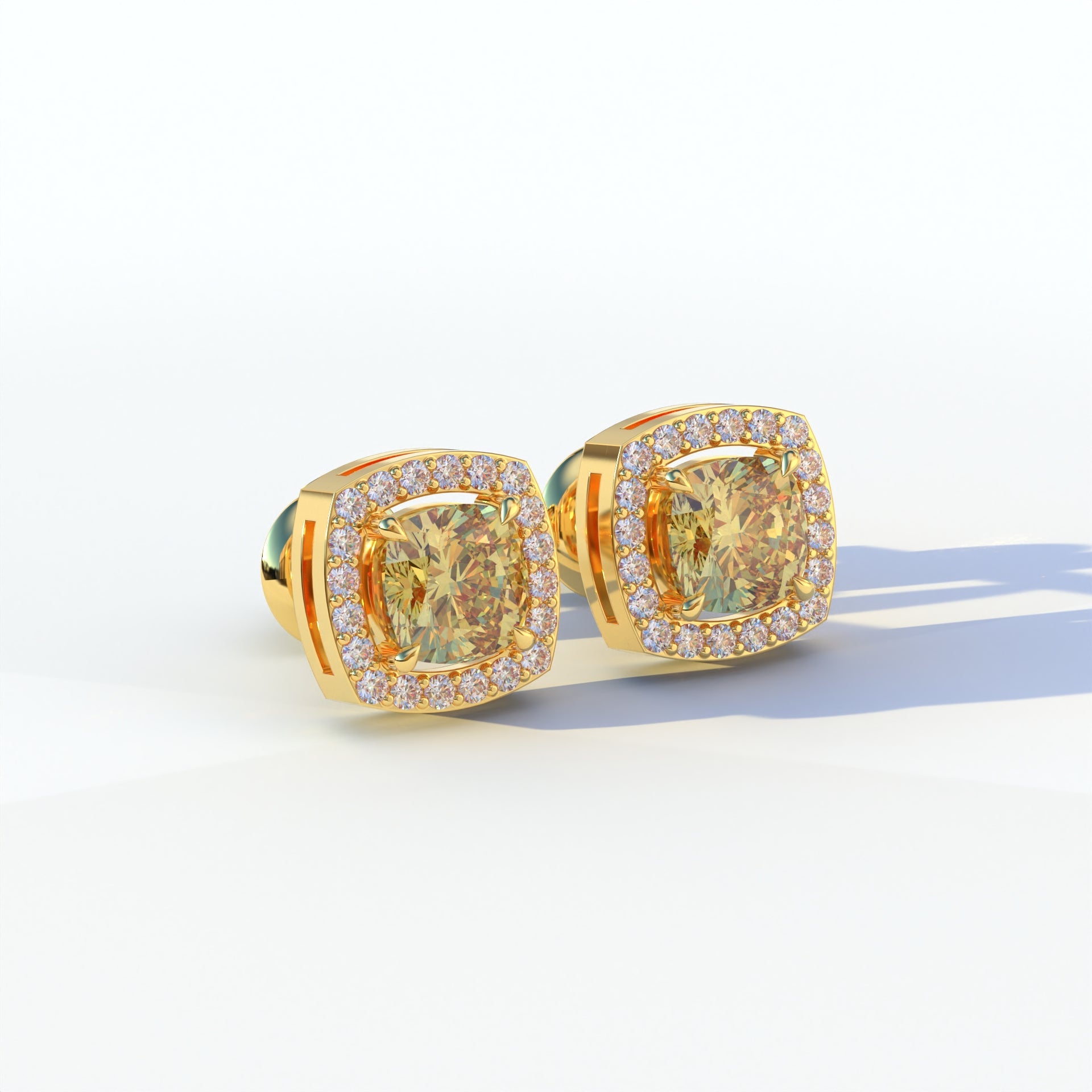 Kiara - Cushion Cut Yellow Diamond Stud Earrings | Halo Earring Setting