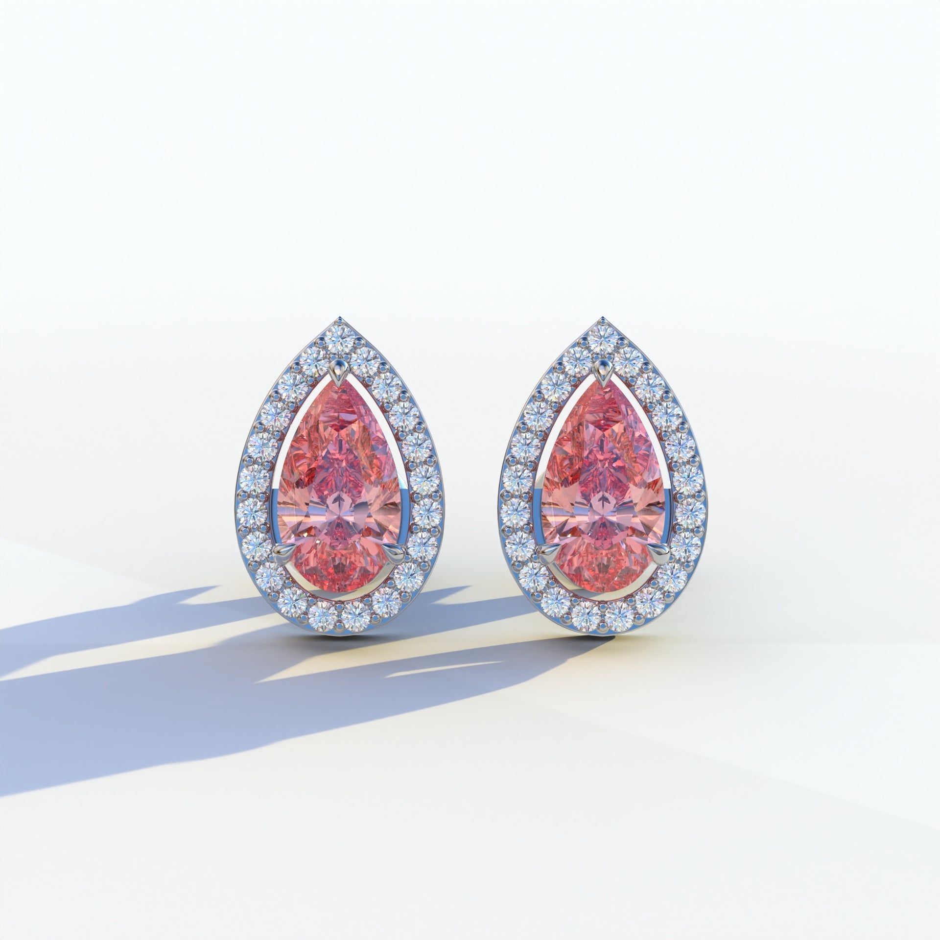 3 Carat Pink Pear Cut Lab Diamond Stud Earrings | Halo Setting - Kelly - 10K Solid Gold / White Gold