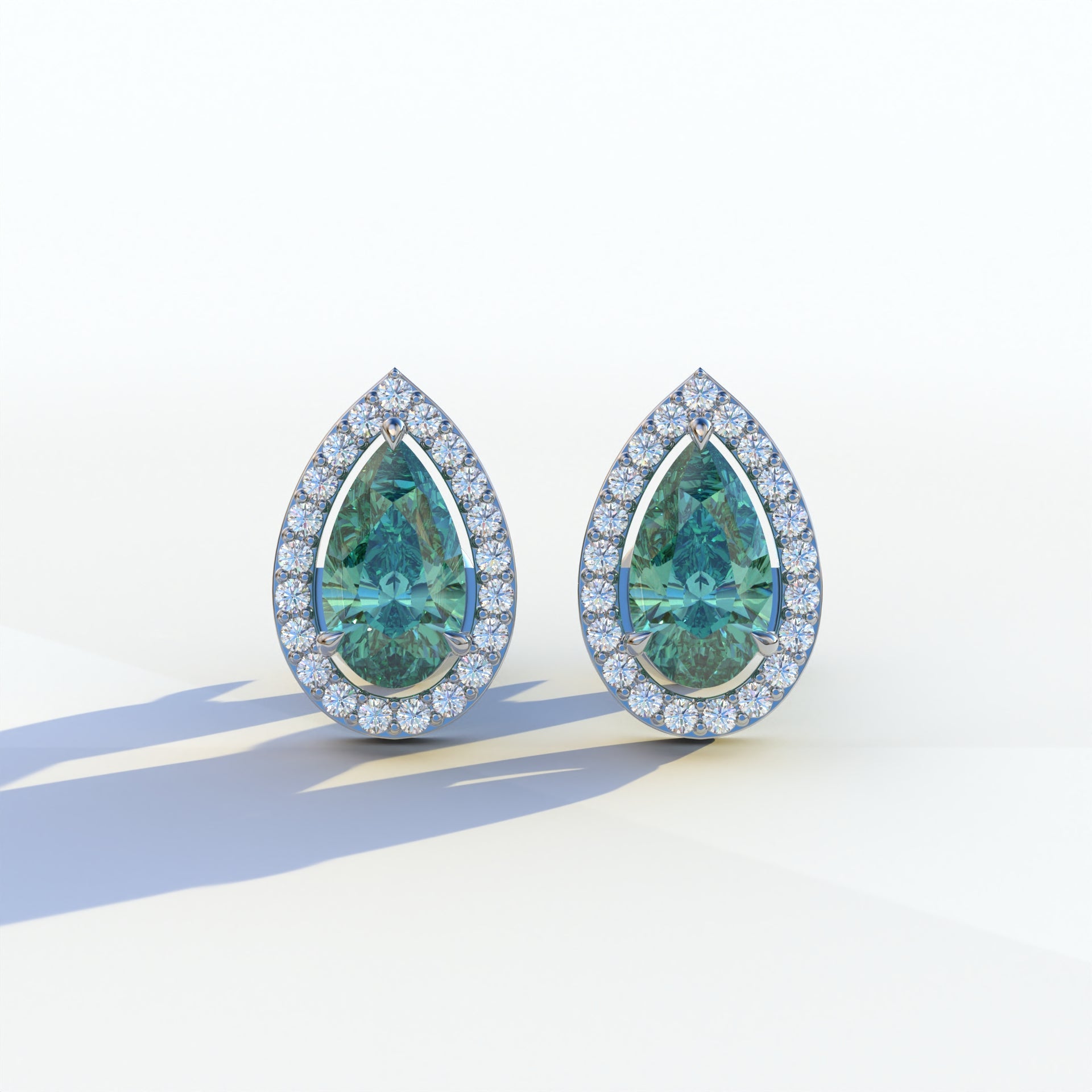 3 Carat Green Pear Cut Lab Diamond Stud Earrings | Halo Setting - Kelly - 10K Solid Gold / White Gold
