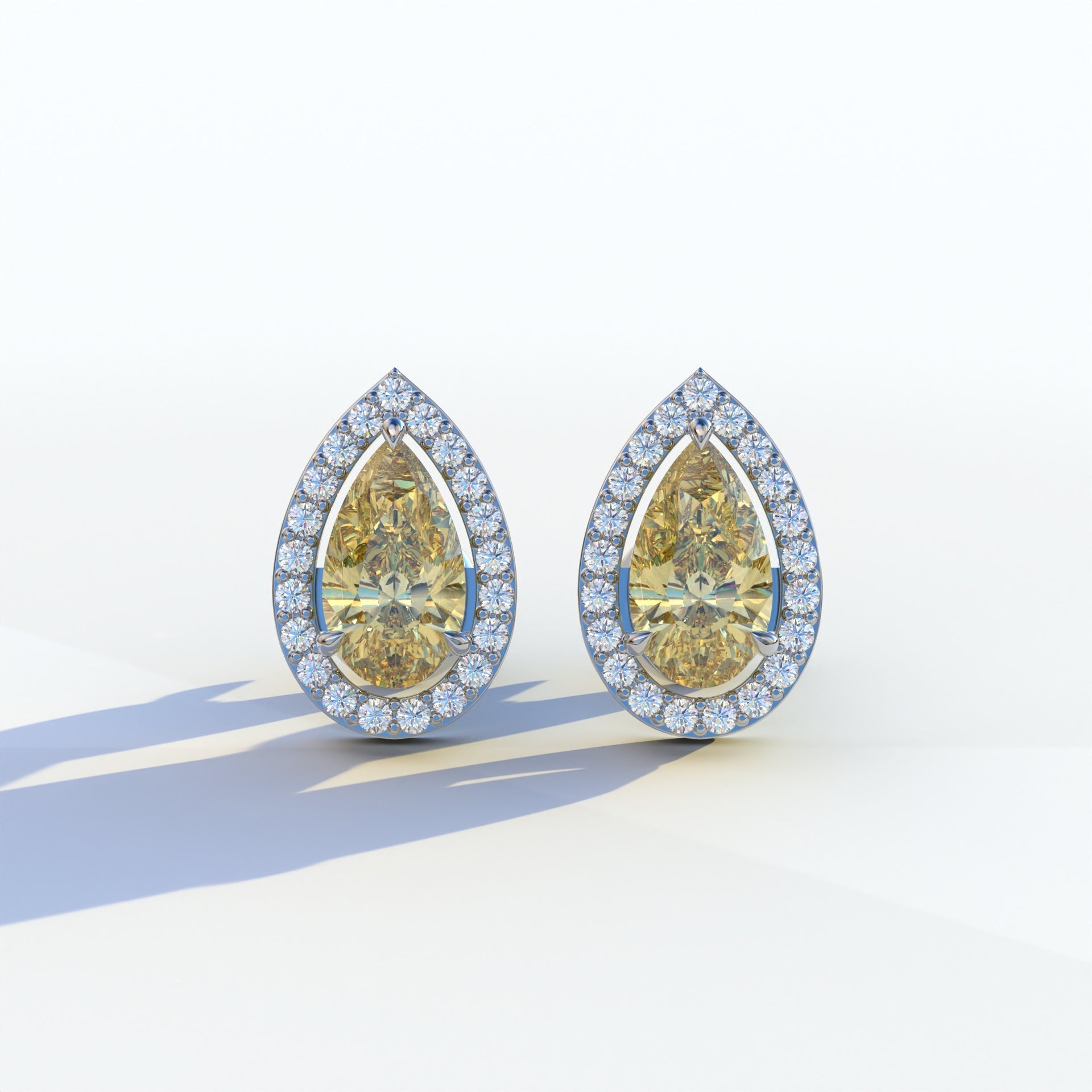 3 Carat Yellow Pear Cut Lab Diamond Stud Earrings | Halo Setting - Kelly - 10K Solid Gold / White Gold