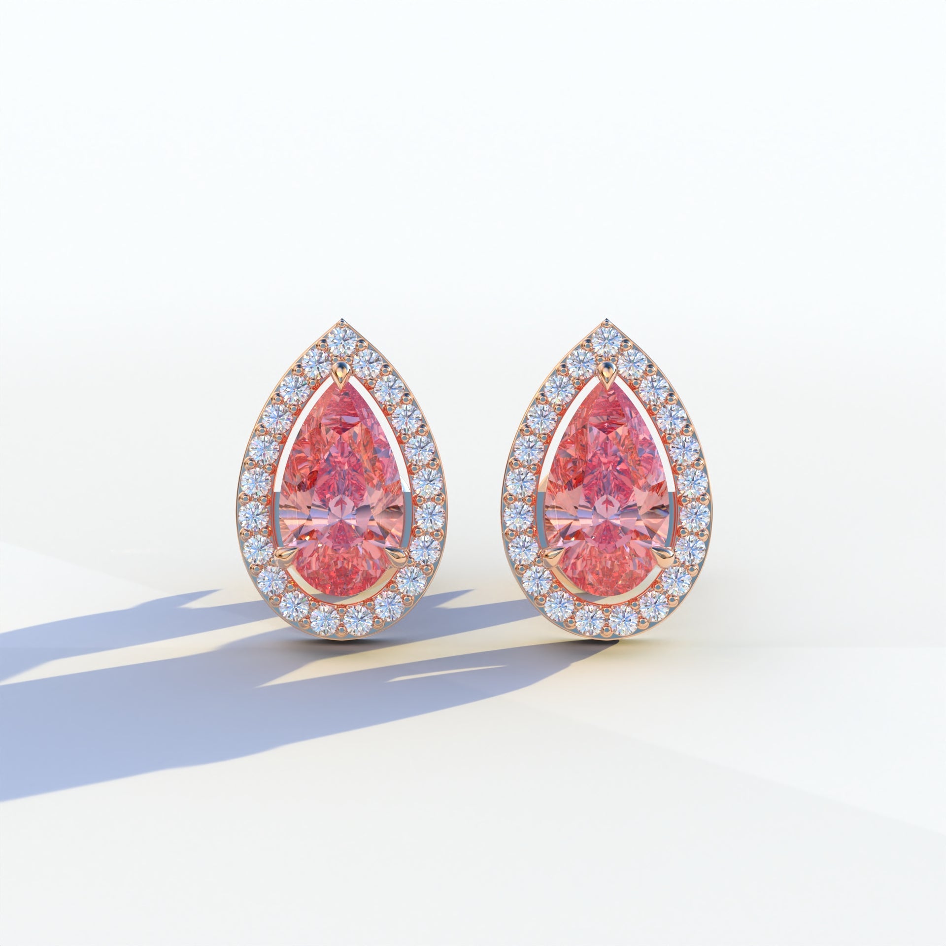3 Carat Pink Pear Cut Lab Diamond Stud Earrings | Halo Setting - Kelly - 10K Solid Gold / Rose Gold