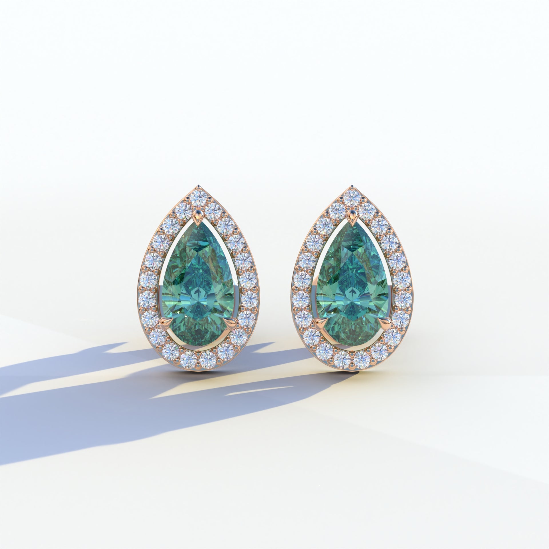 3 Carat Green Pear Cut Lab Diamond Stud Earrings | Halo Setting - Kelly - 10K Solid Gold / Rose Gold