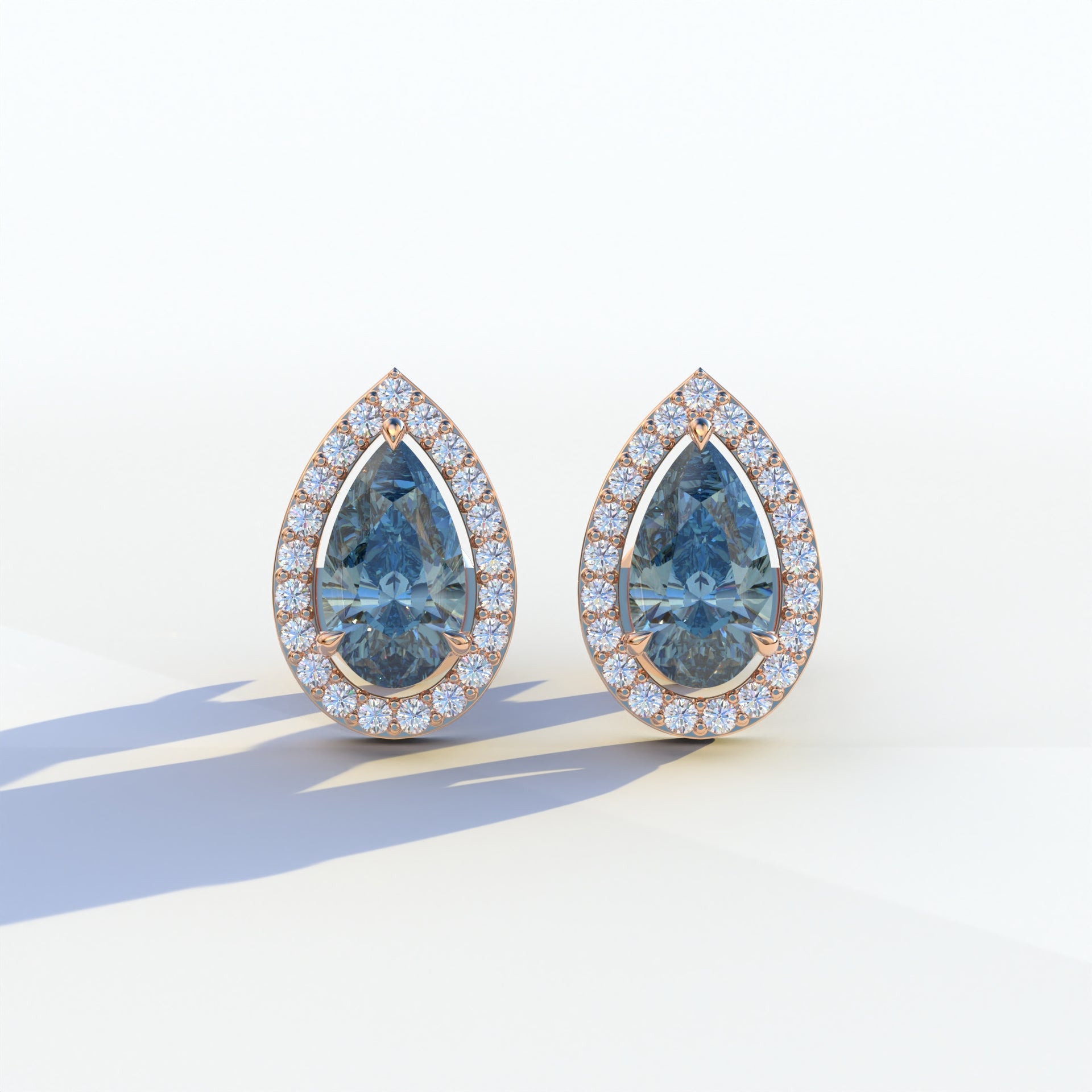 3 Carat Blue Pear Cut Lab Diamond Stud Earrings | Halo Setting - Kelly - 10K Solid Gold / Rose Gold