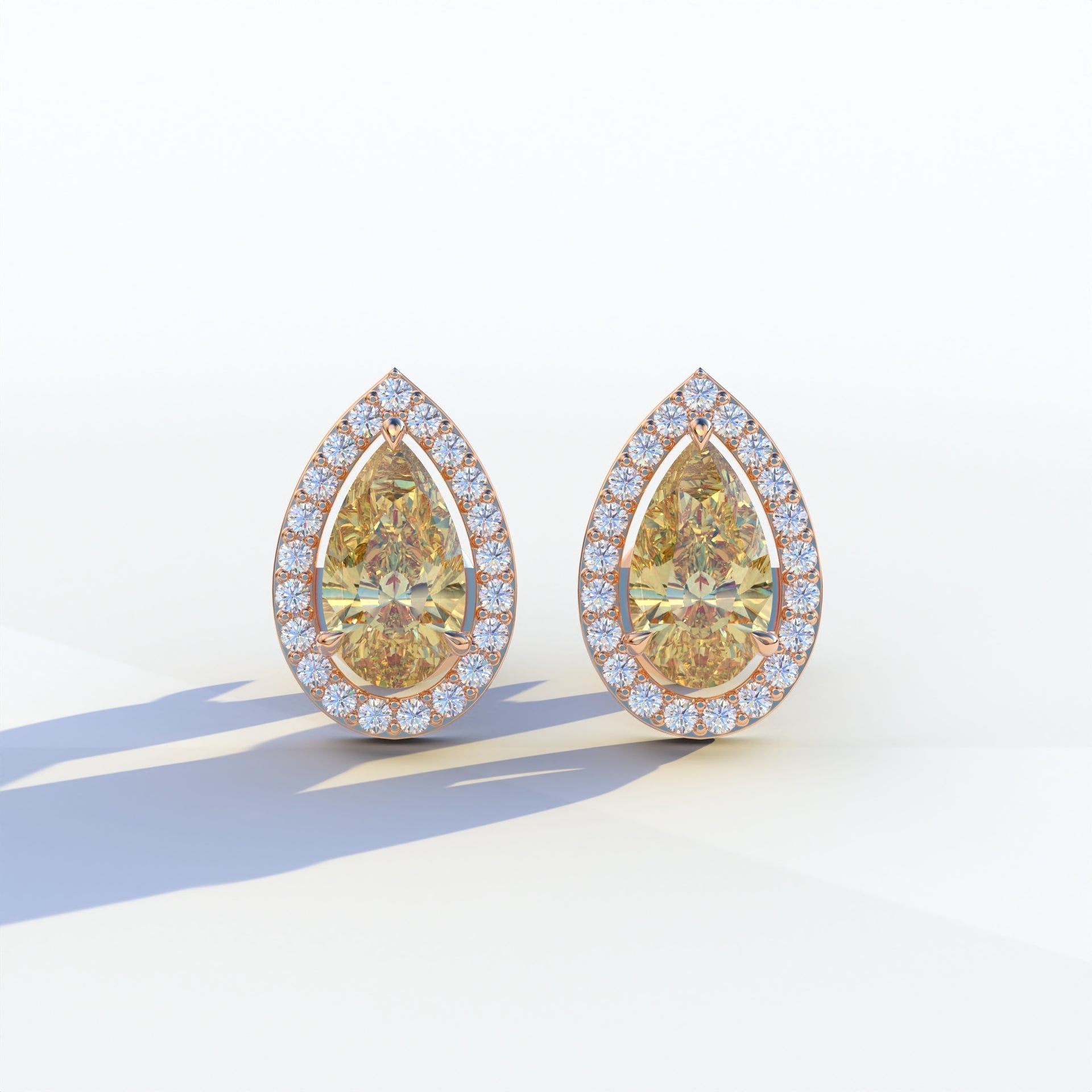 3 Carat Yellow Pear Cut Lab Diamond Stud Earrings | Halo Setting - Kelly - 10K Solid Gold / Rose Gold