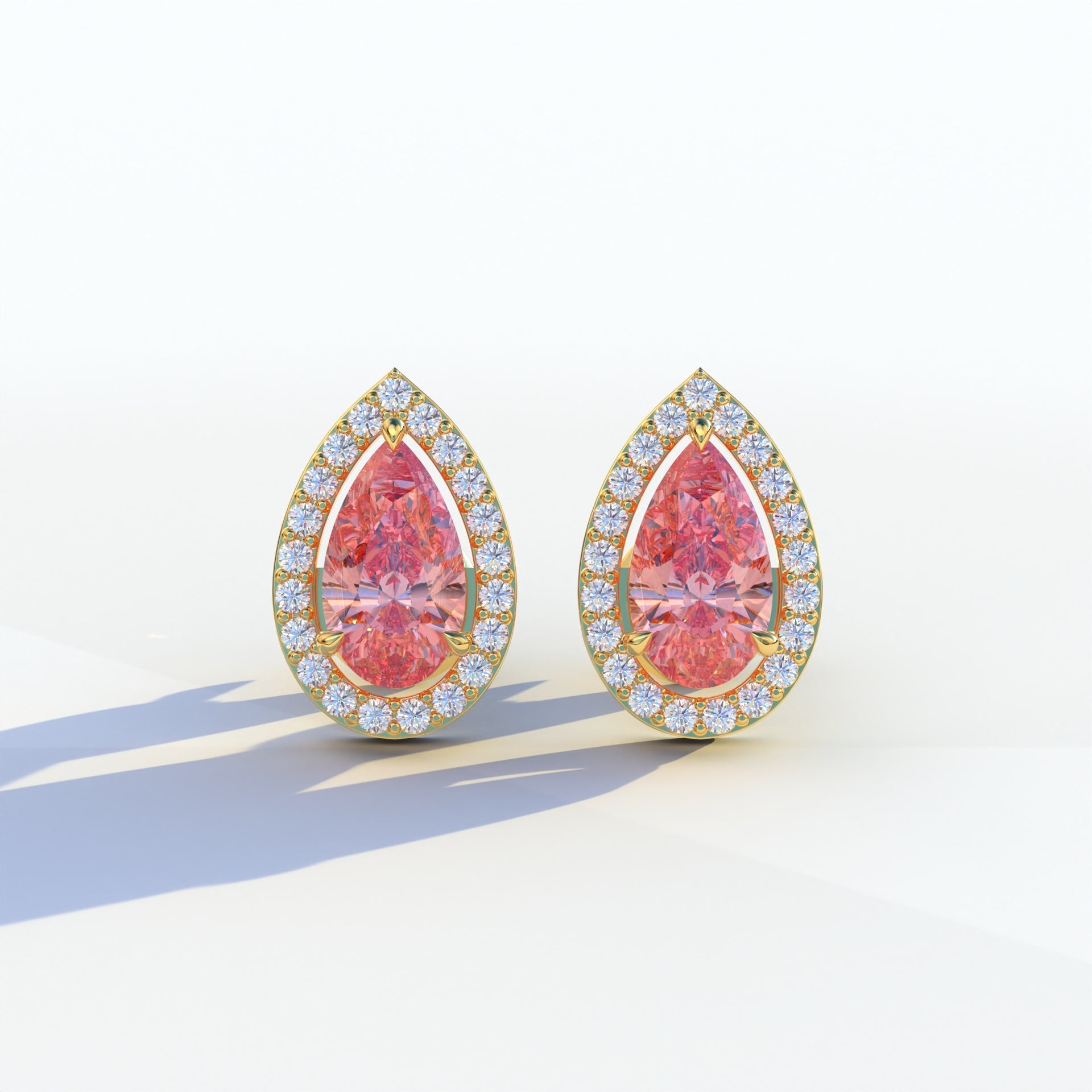 3 Carat Pink Pear Cut Lab Diamond Stud Earrings | Halo Setting - Kelly - 10K Solid Gold / Yellow Gold