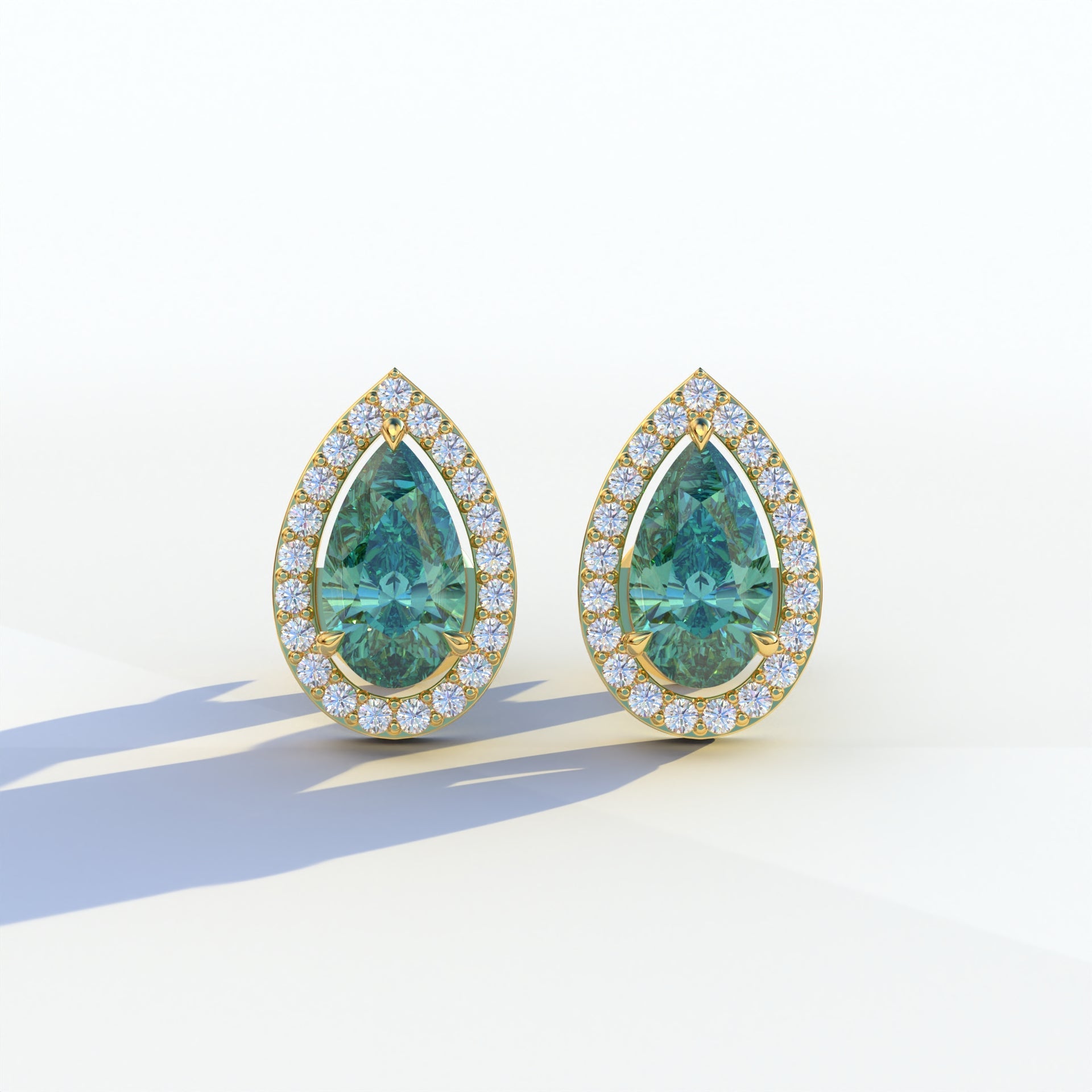 3 Carat Green Pear Cut Lab Diamond Stud Earrings | Halo Setting - Kelly - 10K Solid Gold / Yellow Gold