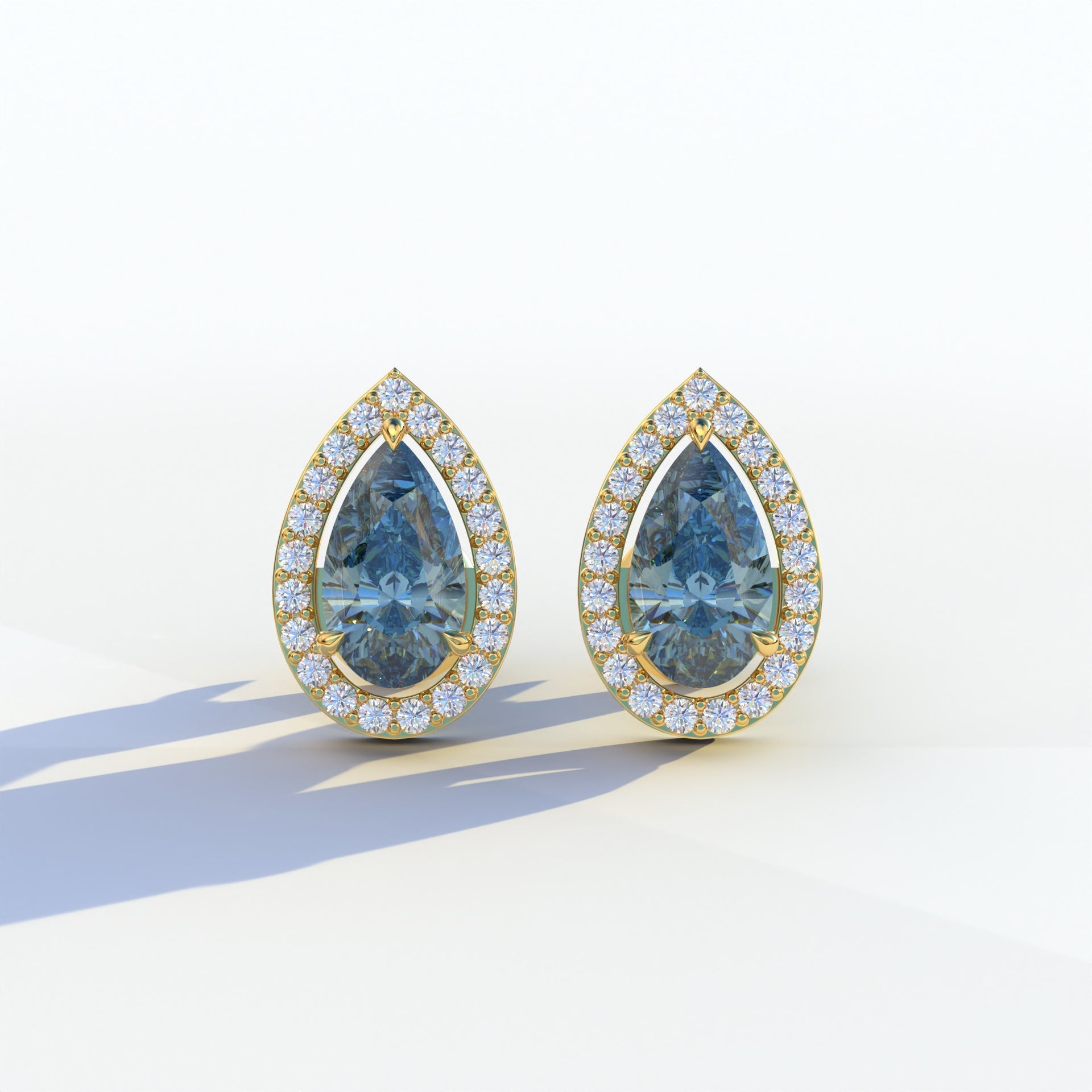 3 Carat Blue Pear Cut Lab Diamond Stud Earrings | Halo Setting - Kelly - 10K Solid Gold / Yellow Gold