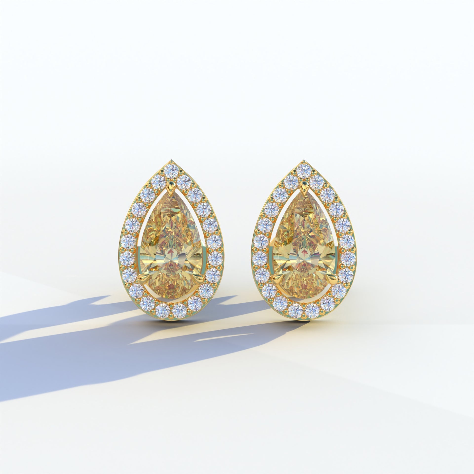 3 Carat Yellow Pear Cut Lab Diamond Stud Earrings | Halo Setting - Kelly - 10K Solid Gold / Yellow Gold