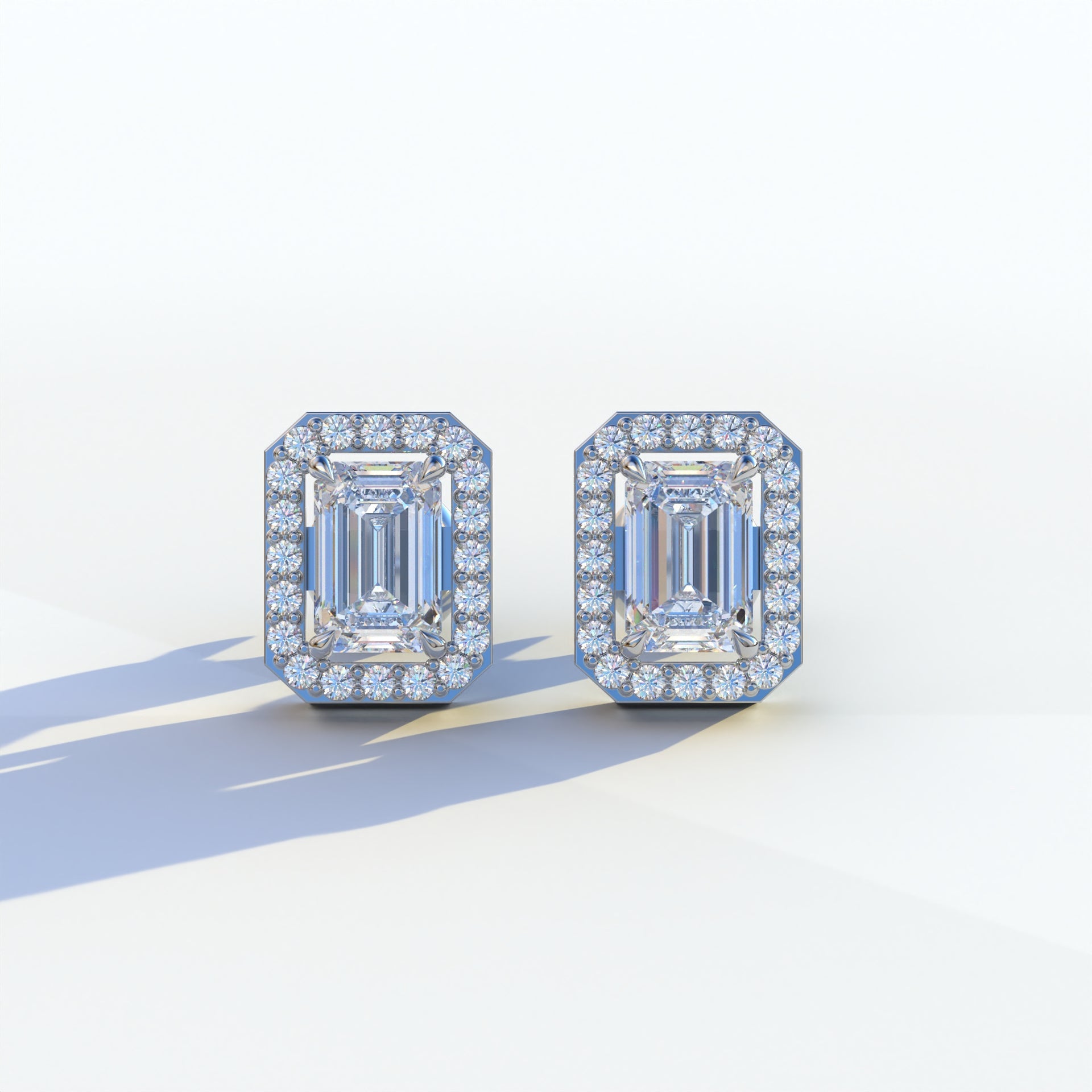 2 Carat Emerald Cut Halo Setting Lab Diamond Stud Earrings - Hailey - 10K Solid Gold / White Gold