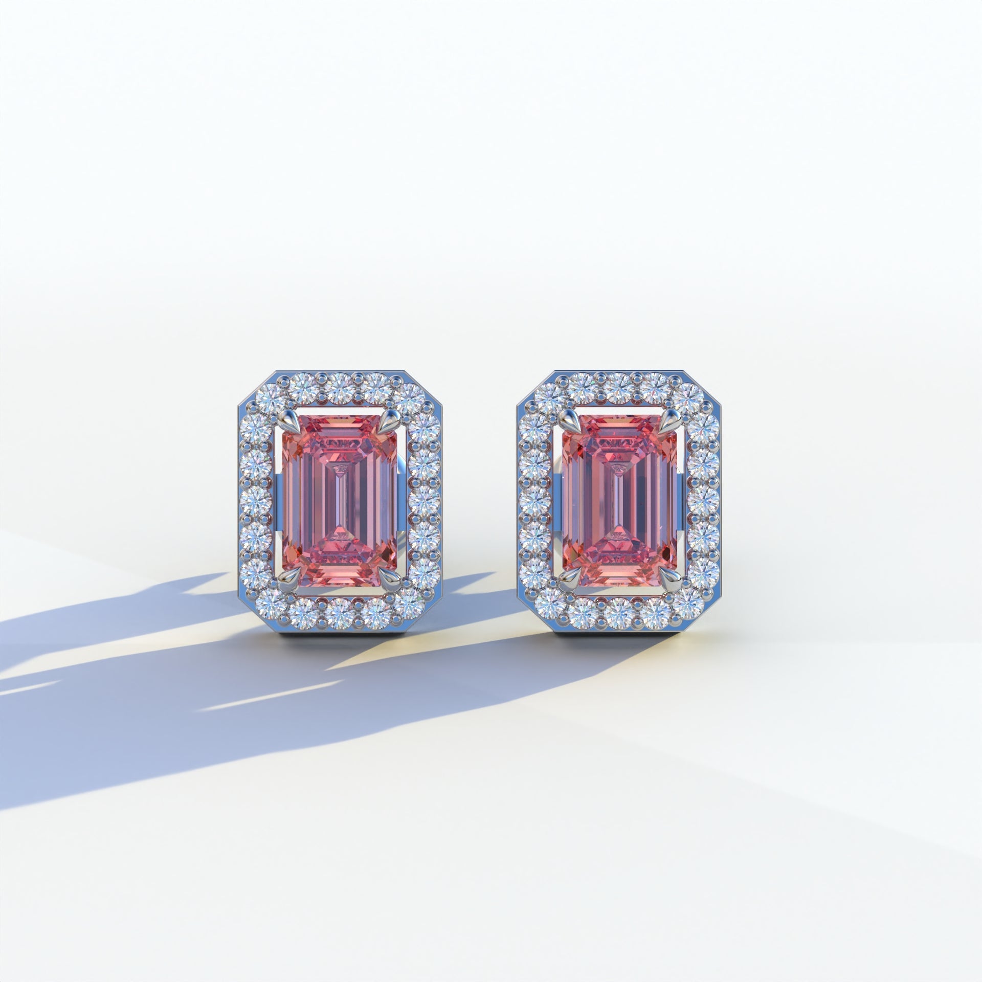 2 Carat Pink Emerald Cut Halo Setting Lab Diamond Stud Earrings - Hailey - 10K Solid Gold / White Gold