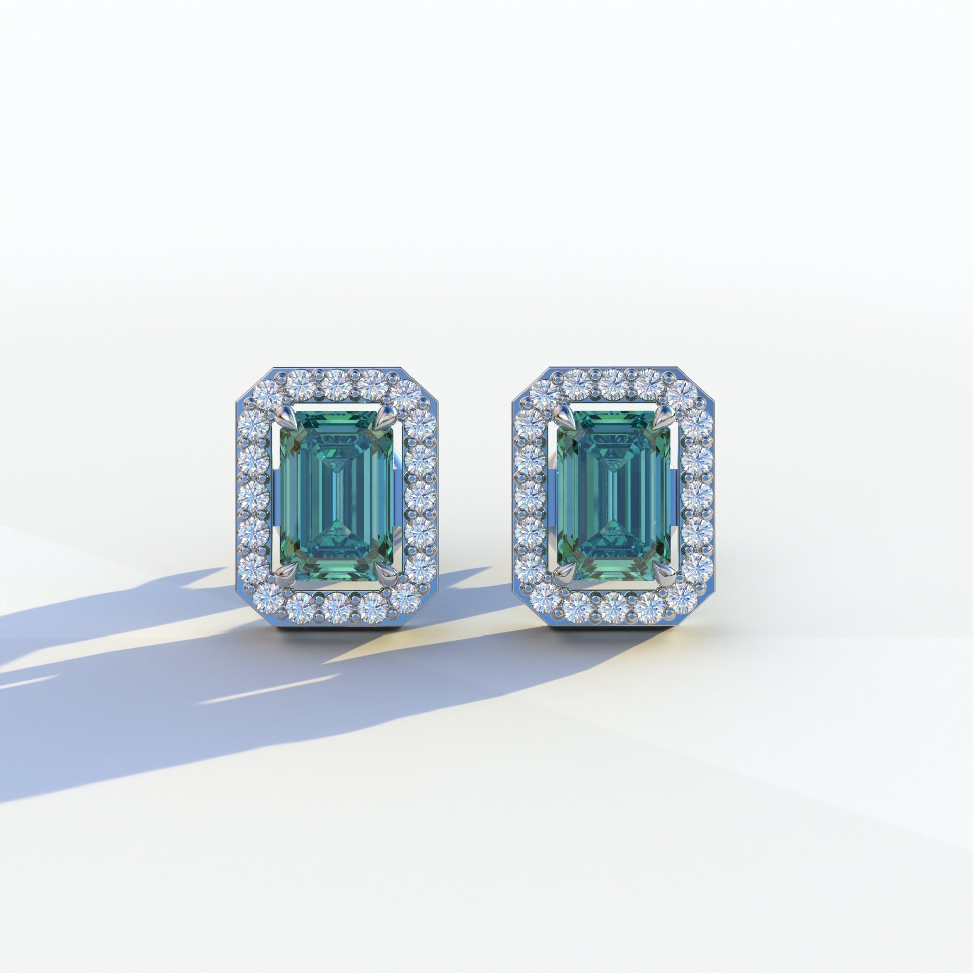 2 Carat Green Emerald Cut Halo Setting Lab Diamond Stud Earrings - Hailey - 10K Solid Gold / White Gold