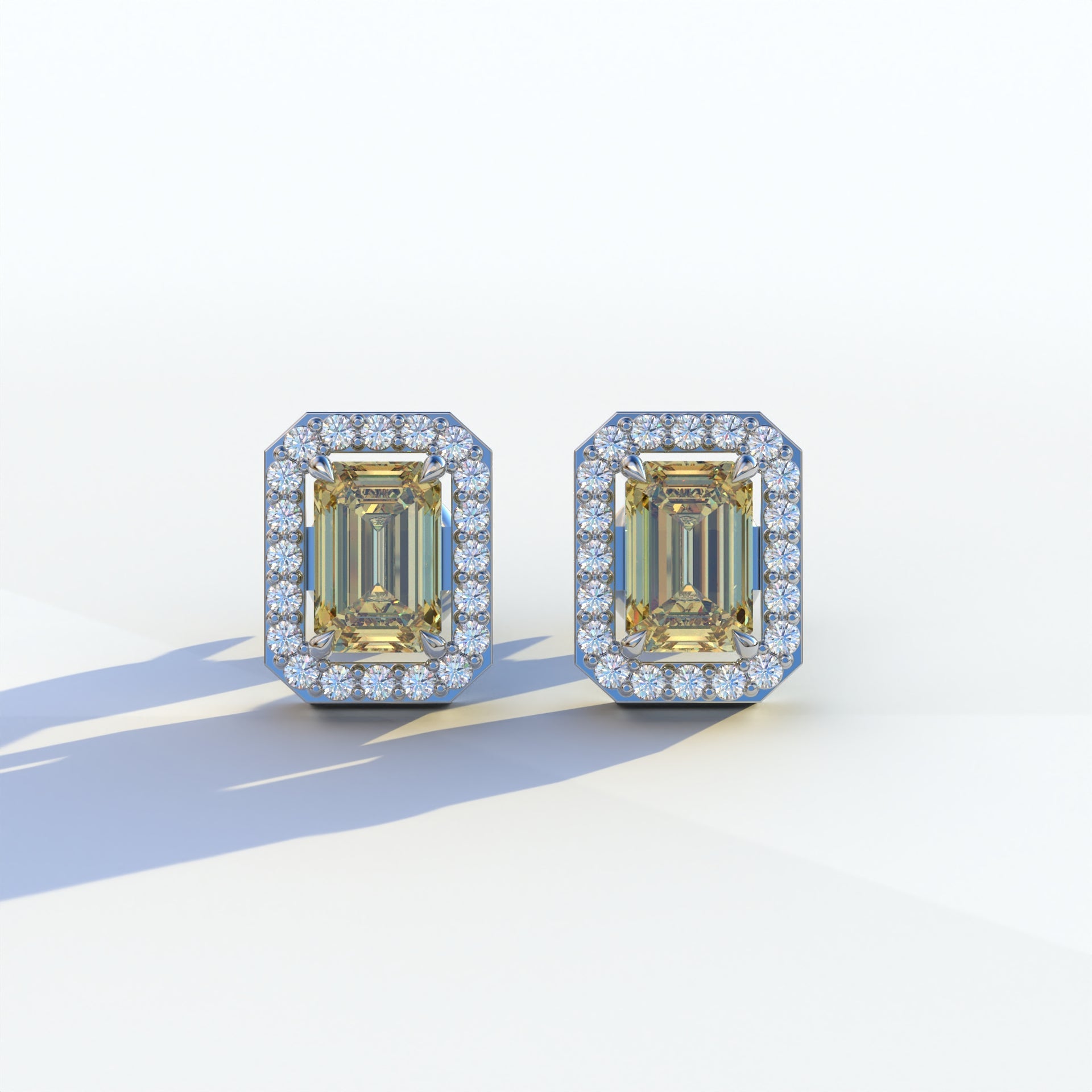 2 Carat Yellow Emerald Cut Halo Setting Lab Diamond Stud Earrings - Hailey - 10K Solid Gold / White Gold