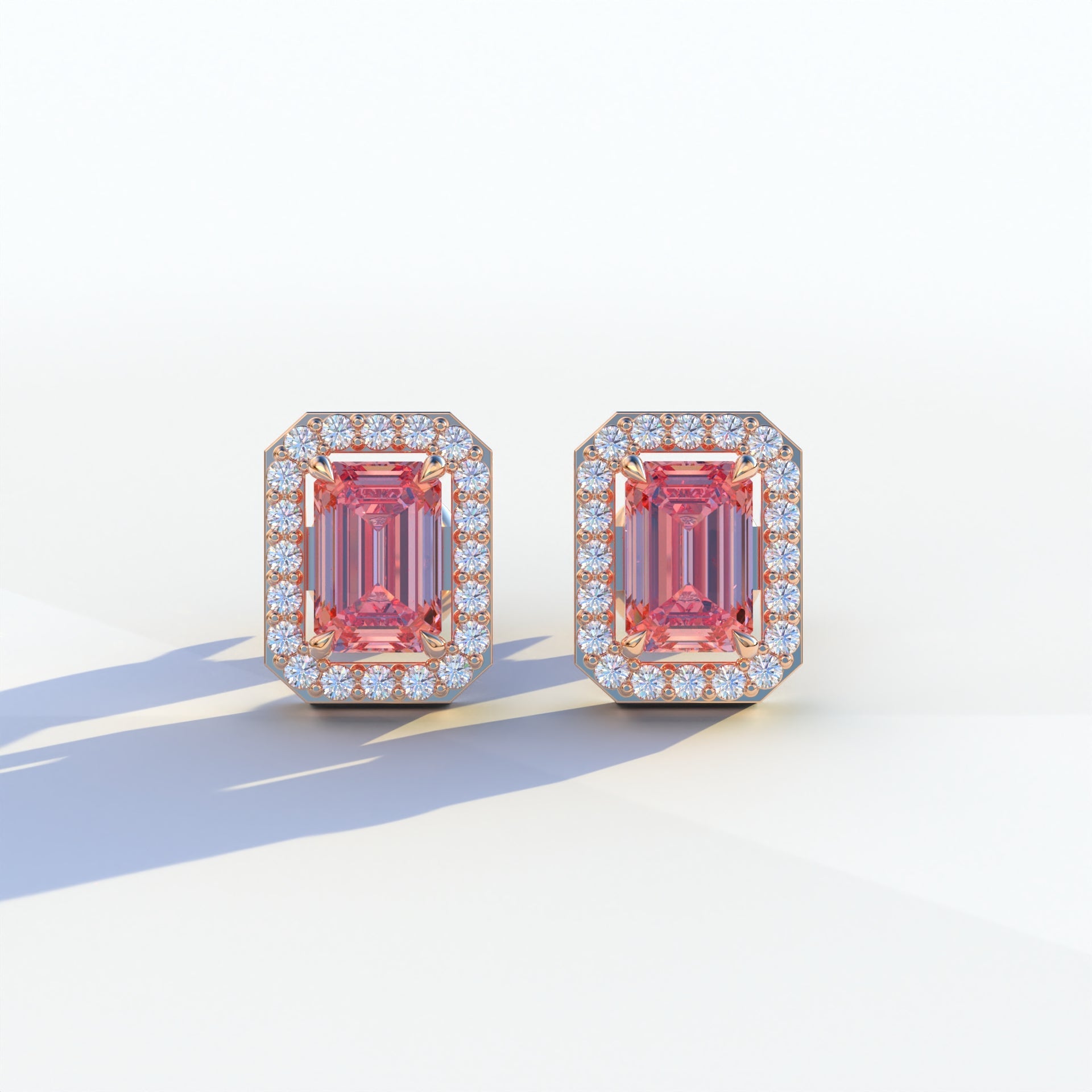 2 Carat Pink Emerald Cut Halo Setting Lab Diamond Stud Earrings - Hailey - 10K Solid Gold / Rose Gold
