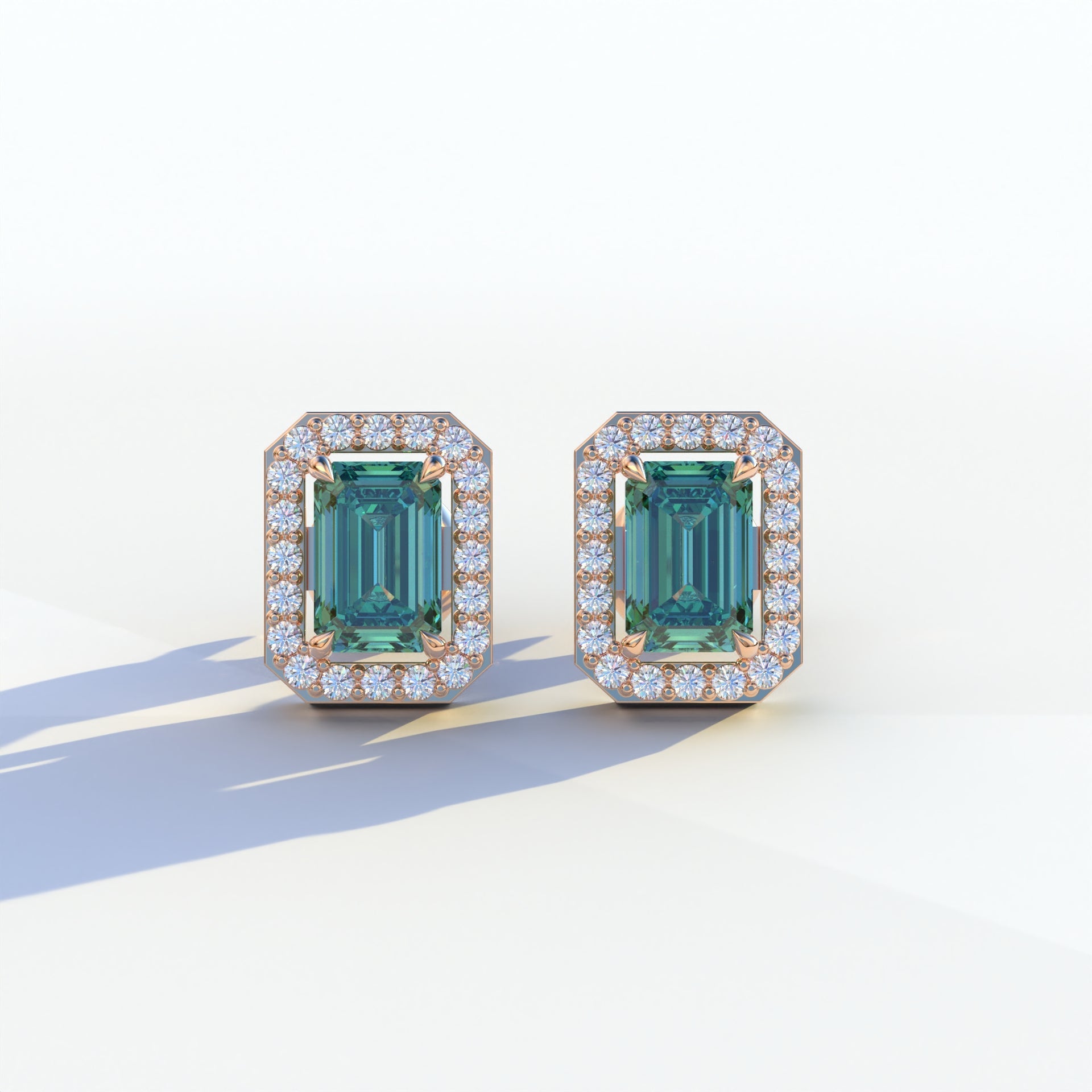 2 Carat Green Emerald Cut Halo Setting Lab Diamond Stud Earrings - Hailey - 10K Solid Gold / Rose Gold