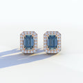 2 Carat Blue Emerald Cut Halo Setting Lab Diamond Stud Earrings - Hailey - 10K Solid Gold / Rose Gold